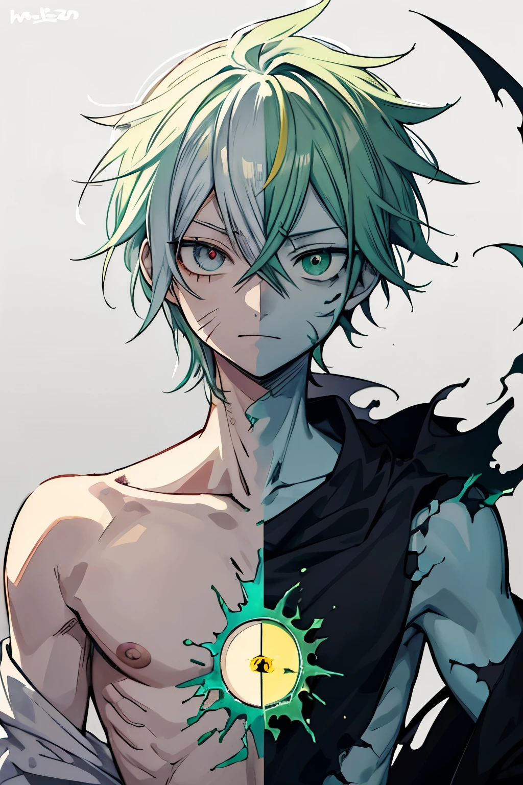 anime guy with lots of scars, creepy man, creepy eyes, green left eye, yellow right eye, messy and short multicolor green and white hair, anime art style, fairy tail art style, hiro mashima art style, glowing yellow right eye, hot anime guy, face stitches, body scars