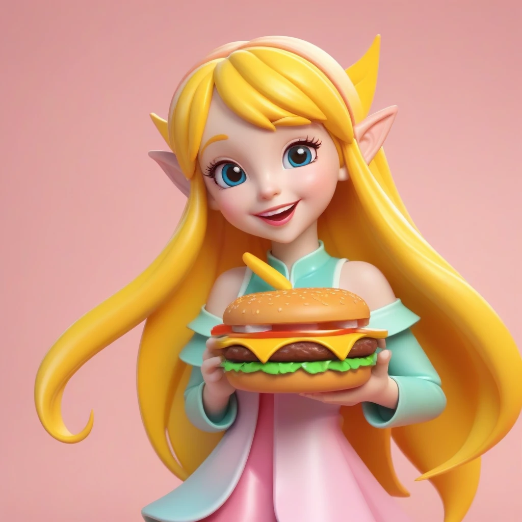 Beautiful 3D long hair,Suitable for cute young girls,Bright colors,Elf ears,Happy expression,Ready to eat a cheeseburger,(Hamburger in the center of the picture),delicious food,close up,PVC model, View Viewer, Soft and smooth lighting, soft and muted colors, 3d icon clay rendering, 120mm lens, 3d blender rendering, Popular on polycount, modular constructivism