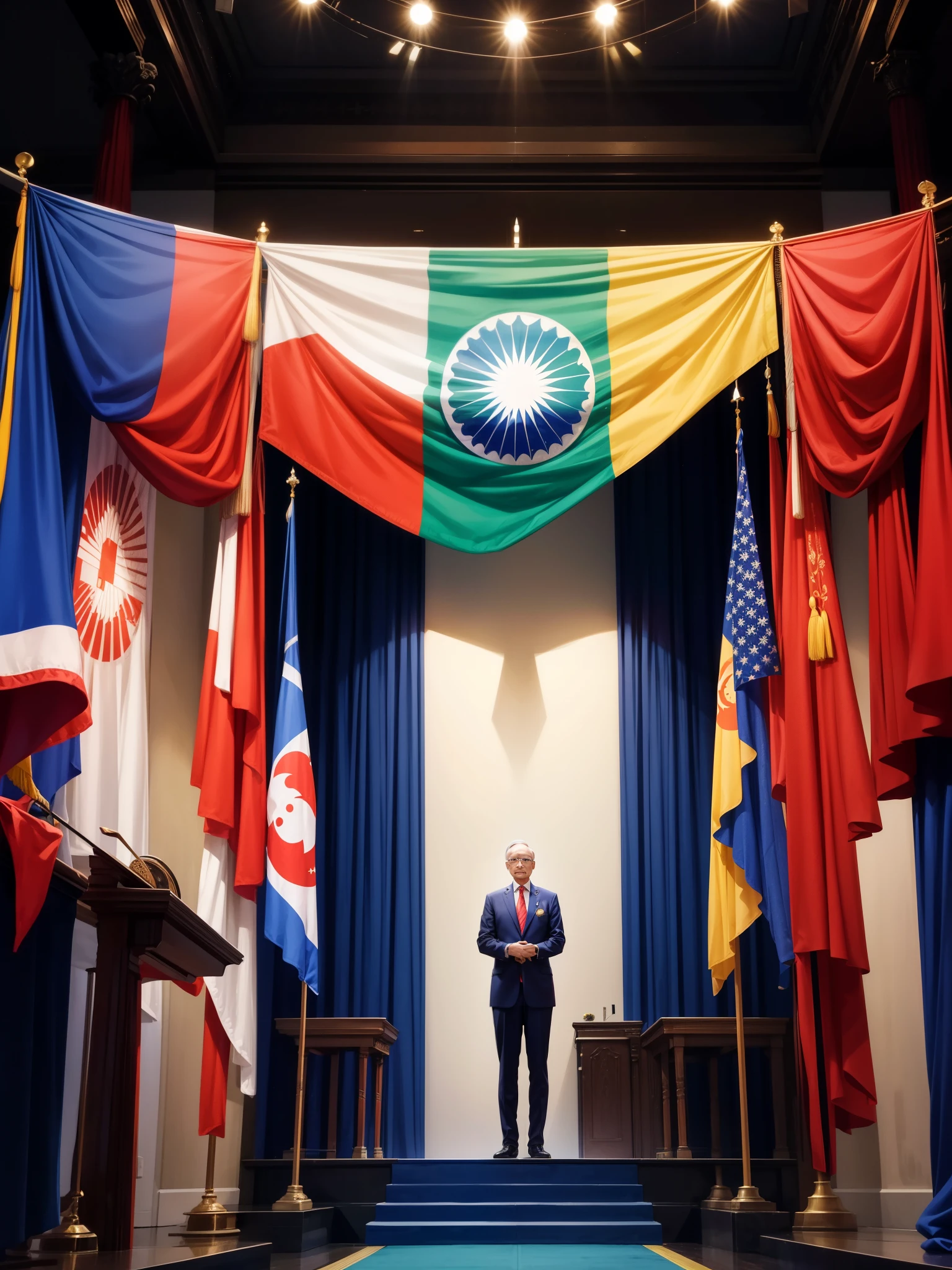 Representatives from all over the world、A venue for large-scale international conferences where people gather together in one place。In the vast hall、Colorful flags hang from the ceiling、They symbolize the pride and uniqueness of their respective countries.。On stage、Representatives from each country take turns、give a speech under one's country's flag。
The first person to take the stage was the representative from the United States.。Hold the Stars and Stripes High、freeと民主主義の価値について力強く語る。His words were:、People at the venue々Resonates in my heart、A sense of American history and pride。
Next up was the representative from Japan.。Raising the Japanese flag、Talking about the importance of harmony and technological innovation。Its attitude is、Communicating quiet determination and unique Japanese culture。
next、A Chinese representative gives a speech while holding the five-star red flag。Emphasizing the need for economic growth and international cooperation、With hope for the future、Showing the strength of the country。
The French representative、Raising the tricolor flag、free、equality、He speaks passionately about the ideals of philanthropy.。His speech was、As a successor to the spirit of the French Revolution、Evoke deep emotions。
The Brazilian representative holds up the green and yellow flag、Talk about the rich natural and cultural diversity。His words were:、A glimpse into the richness of the Amazon and the hopes for Brazil's future。
others、India、South Africa、Russia、Australia etc.、Next, representatives from each country々He took the stage and said,、Continue your speech while holding up your country's flag。The flags of each country、Symbolizing the identity of each country、The word is culture、values、Sharing a vision for the future。
The speeches of this diverse group of delegates、It reaffirms the importance of global cooperation and understanding.、Becoming a forum for enhancing unity among the international community。The voices of each country speak beneath their flags.、It gave a sense of a common desire for world peace and prosperity.。