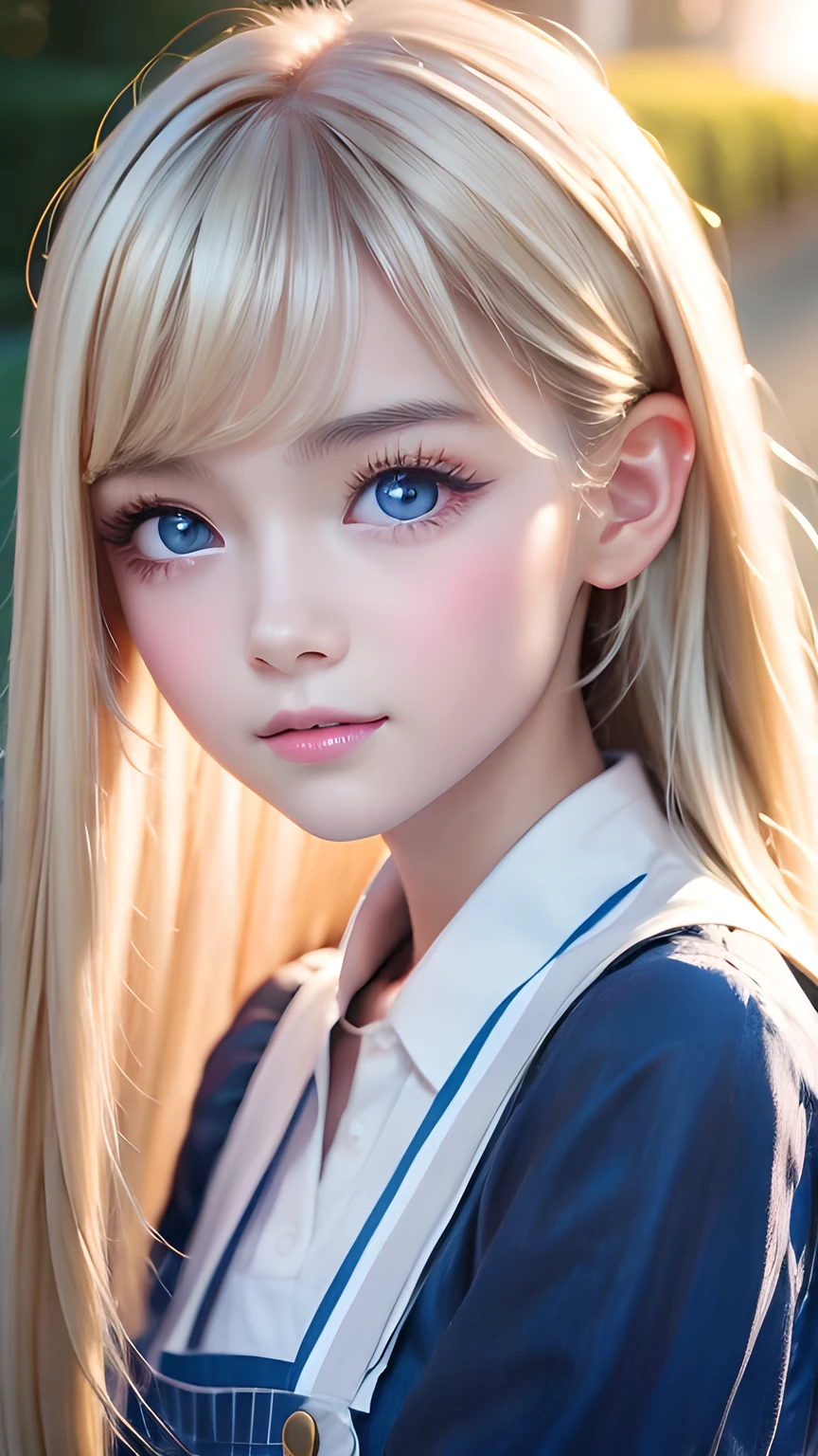 Photorealism、highest quality、超A high resolution、photograph、Photograph of a very beautiful girl from Scandinavia、Very beautiful girl、Cute and beautiful face details、(PurerosFace_v1:0.008)、Beautiful Bangs、Alice in Wonderland、16 years old、Shine, fair, Shine Skin、Facial hair、Bangs on the face、Bangs between the eyes、Super long super long hair、Attractive bright natural platinum blonde super long straight silky hair、Thin Hair、Very large, Beautifully Shine Bright Blue Eyes、white apron、Blue clothes、eyeliner、double eyelid、Ample Bust、white, Shiny skin、Small Face Beauty、Round face、