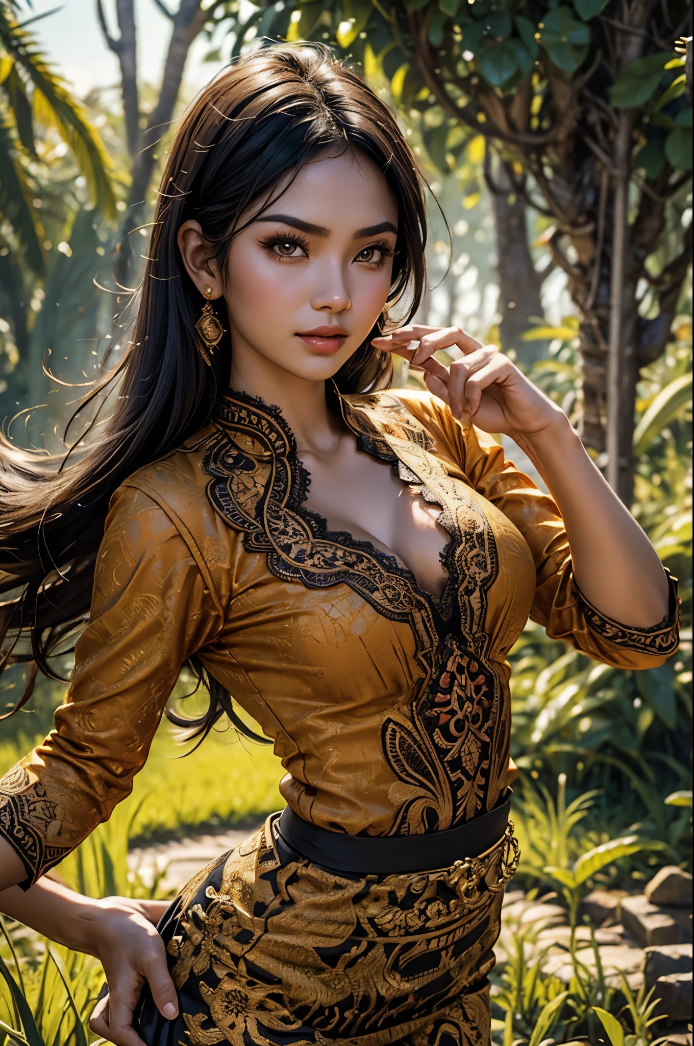 1 Indonesian-Dutch girl, 25 years old, long fashion hair, fit body, small cleavage, skintight black lace kebaya, batik skirt, masterpiece, highly detailed, ultra hd, 8k, detailed face, bright eyes, perfect eyes, detailed skin texture, detailed lips, sexy lips, perfect hands, dynamic angle, cowboy shot