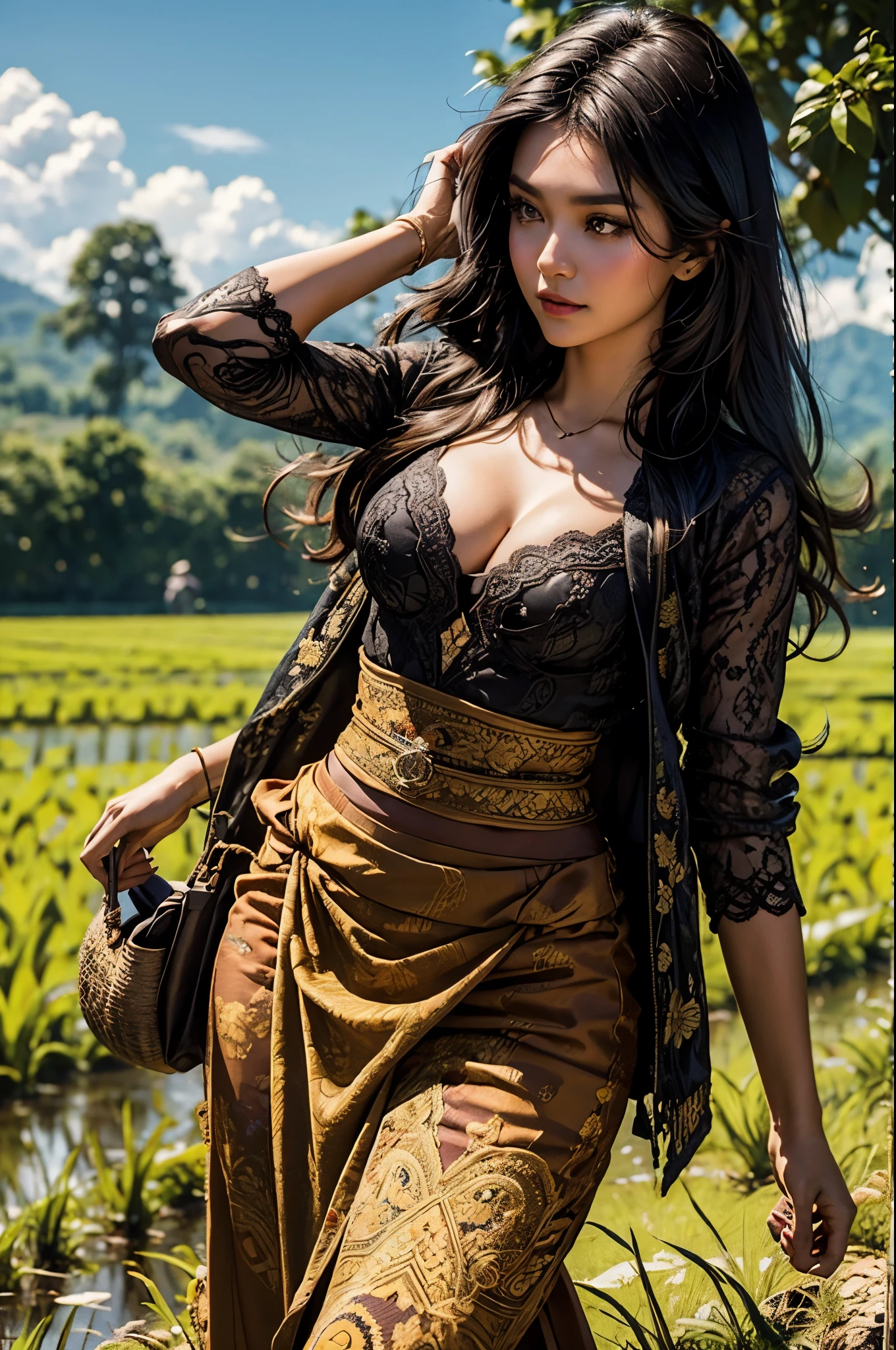 1 woman, Indonesia woman, 23 years old, long black hair, olive skin, smaller head, brown eyes, toned body, medium breasts, skintight lace kebaya, stand on the middle of rice field, cleavage, tight batik pattern skirt, masterpiece, ultra HD, realistic masterpiece, blurred background, archipelago, dynamic poses, perfect hands, perfect face, perfect details, sharp focus
