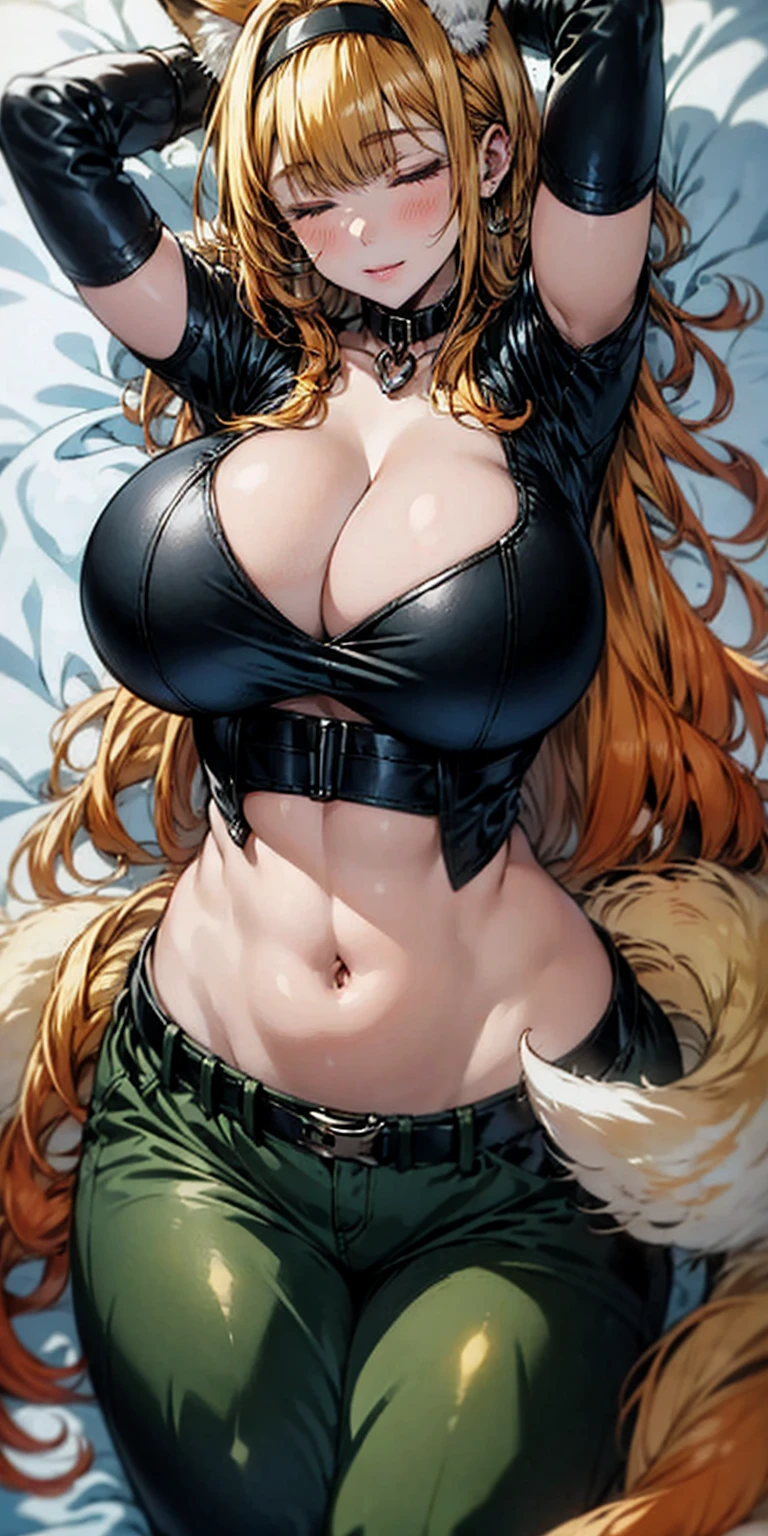 (Masterpiece) Roxanne Demin kin 1girl, solo, breasts, large breasts, navel, cleavage, hairband, collar, (fox girl, fox floppy ears, 1tail), black collar, green pants, eyes closed, sleeping, lying on bed, waist up, leather slave collar choker, bracers, lifting arms showing shaved armpits, blonde orange hair, big belt, closed mouth