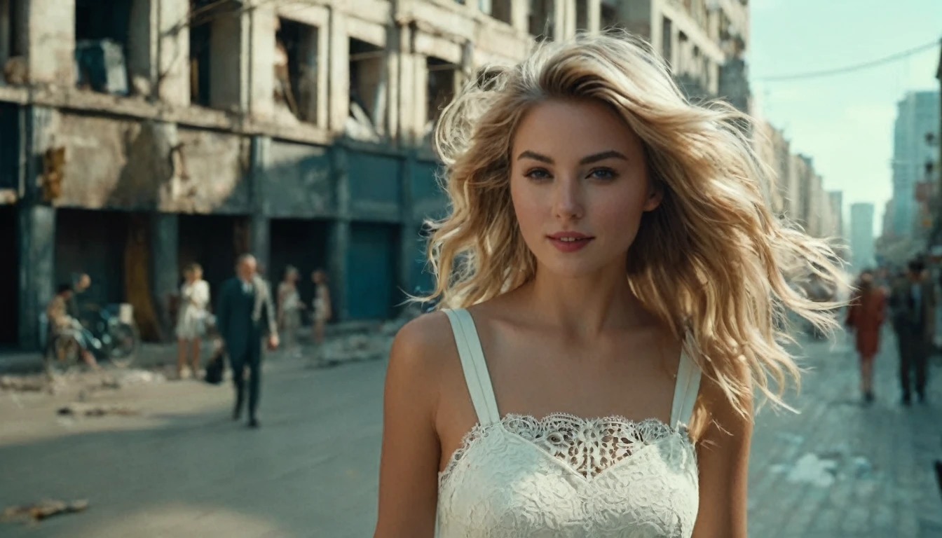 ((high angle camera view from above)) cinematic wide angle full body shot of a short white dressed ((GIRL MINI DRESS - BOW STRAP DRESS))stylish european long blonde wavy haired woman walks down a street of a cyberpunk megacity at daytime after a nuclear war in a futuristic Dystopian city. Happy smiling face. Blue sky and the sun shines. Ruined skyscrapers in the background. (( She wears the same white short dress s on each image)) . Consistent structure and movement of the character, static 3D environment, consistent structure of the buildings. Both sides of the pedestrian street are very full of garbage, with overturned bins full of waste that have not been emptied for weeks. some people walking in the background. Garbage mounds towers in front of the houses. Filthy dump on the street all around. Dystopian megacity, Chaotic, end of the world atmosphere. Dirt and filth is everywhere. She wears a short two piece white silk lace dress. She has stylish make up and luxury hair style. Highly detailed facial features, full lips, upturned nose, best smile, realistic perfect eyes and face. Photorealistic body and face, highly detailed shiny hair and skin. She walks confidently and casually. Sharp focus, depth of field, lifelike textures, best shadows, best quality. Realism, photorealism, hyperrealism, vintage muted color tones, lomochrome, natural lights, cinematic lighting, contrast lighting, best quality, insanely intricate details, hdr, uhd 8k, 35 mm film, analog,((1970s movie style)), retro, vintage color grading,Award - winning photograph, Masterpiece, 16k,hyper detailed,sfumato, chiaroscuro, beautiful woman, perfect face, rule of thirds, highly detailed hair, ((detailed face)), ((detailed facial features)), (finely detailed skin), pale skin, intricate details, amazing fine detail, neutral colors, Soft front light,cinematic lighting, dramatic lighting,dappled light on face, backlight on hair, sharp focus, wide angle, film grain, dslr, raw photo, photographed on Nikon
