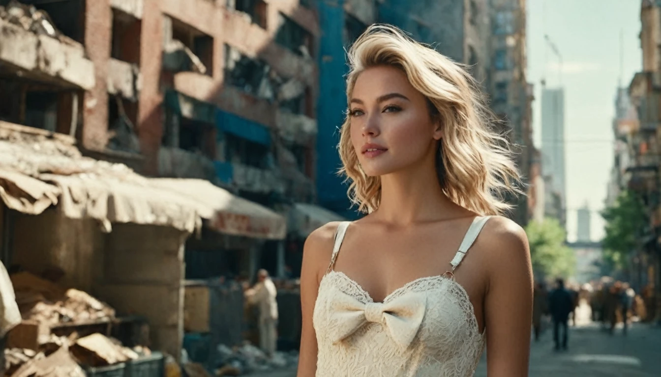 ((high angle camera view from above)) cinematic wide angle full body shot of a short white dressed ((GIRL MINI DRESS - BOW STRAP DRESS))stylish european long blonde wavy haired woman walks down a street of a cyberpunk megacity at daytime after a nuclear war in a futuristic Dystopian city. Happy smiling face. Blue sky and the sun shines. Ruined skyscrapers in the background. (( She wears the same white short dress s on each image)) . Consistent structure and movement of the character, static 3D environment, consistent structure of the buildings. Both sides of the pedestrian street are very full of garbage, with overturned bins full of waste that have not been emptied for weeks. some people walking in the background. Garbage mounds towers in front of the houses. Filthy dump on the street all around. Dystopian megacity, Chaotic, end of the world atmosphere. Dirt and filth is everywhere. She wears a short two piece white silk lace dress. She has stylish make up and luxury hair style. Highly detailed facial features, full lips, upturned nose, best smile, realistic perfect eyes and face. Photorealistic body and face, highly detailed shiny hair and skin. She walks confidently and casually. Sharp focus, depth of field, lifelike textures, best shadows, best quality. Realism, photorealism, hyperrealism, vintage muted color tones, lomochrome, natural lights, cinematic lighting, contrast lighting, best quality, insanely intricate details, hdr, uhd 8k, 35 mm film, analog,((1970s movie style)), retro, vintage color grading,Award - winning photograph, Masterpiece, 16k,hyper detailed,sfumato, chiaroscuro, beautiful woman, perfect face, rule of thirds, highly detailed hair, ((detailed face)), ((detailed facial features)), (finely detailed skin), pale skin, intricate details, amazing fine detail, neutral colors, Soft front light,cinematic lighting, dramatic lighting,dappled light on face, backlight on hair, sharp focus, wide angle, film grain, dslr, raw photo, photographed on Nikon