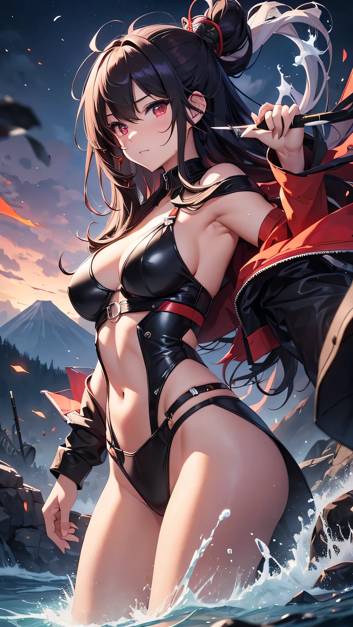 Highest quality、Highest quality、Masterpiece、girl((Age 25、as soon as、Highest Bust、Medium Bust、Wide open chest、Red glowing eyes、Black Ear、Red Mesh、Disheveled Hair、Loincloth、thin、The best valley、Open chest、Luminous Wristbands、hair ornaments、Full body view、Tank top、Black Uniform、scar、Full body scar、Fighting Pose,Japanese sword、A little muscular、Watery eye、Tears))、high quality、Beautiful Art、background((night、Ninja World,volcano))、flight、Flying Debris、Depth of text、movie、Visual Arts、Perfect Art、8K、Genuine、