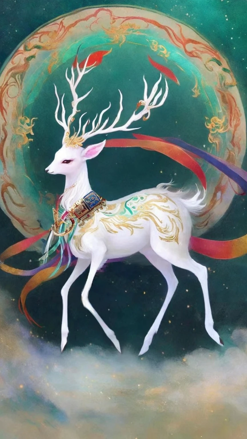 Painting of a white deer，Brightly colored tail，Long and long, Onmyoji Detailed Art, an Anthropomorphic deer, anthropomorphic female deer, Anthropomorphic deer female, Anthropomorphic deer, shrike, author：Yang Jie, a shrike, Chinese Mythology, Inspired by Huang Shen, Deer horn god