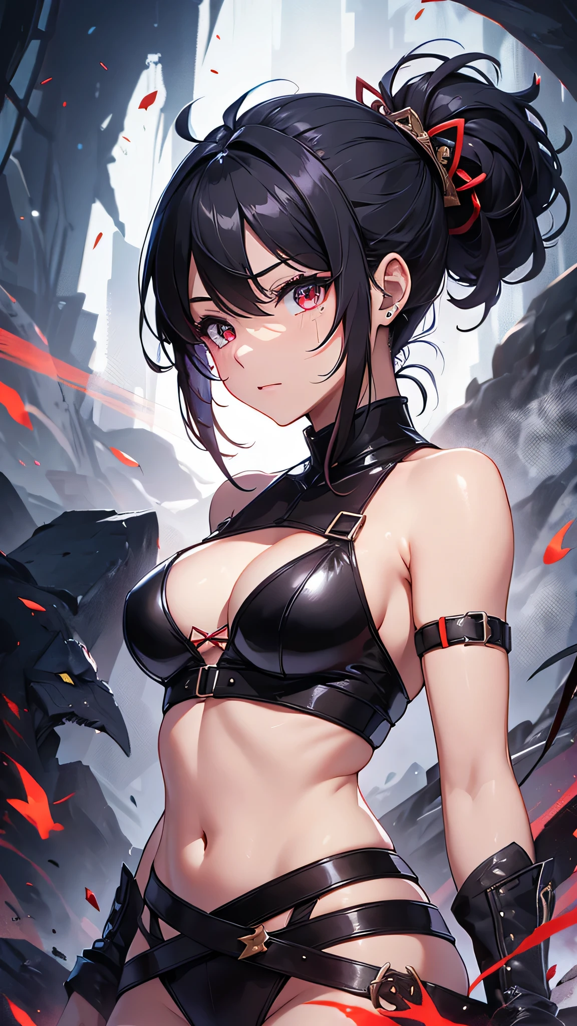 Highest quality、Highest quality、Masterpiece、girl((Age 25、as soon as、Highest Bust、Medium Bust、Wide open chest、Red glowing eyes、Black Ear、Red Mesh、Disheveled Hair、Loincloth、thin、The best valley、Open chest、Luminous Wristbands、hair ornaments、Full body view、Tank top、Black Uniform、scar、Full body scar、Fighting Pose,Japanese sword、A little muscular、Watery eye、Tears))、high quality、Beautiful Art、background((night、Ninja World,volcano))、flight、Flying Debris、Depth of text、movie、Visual Arts、Perfect Art、8K、Genuine、