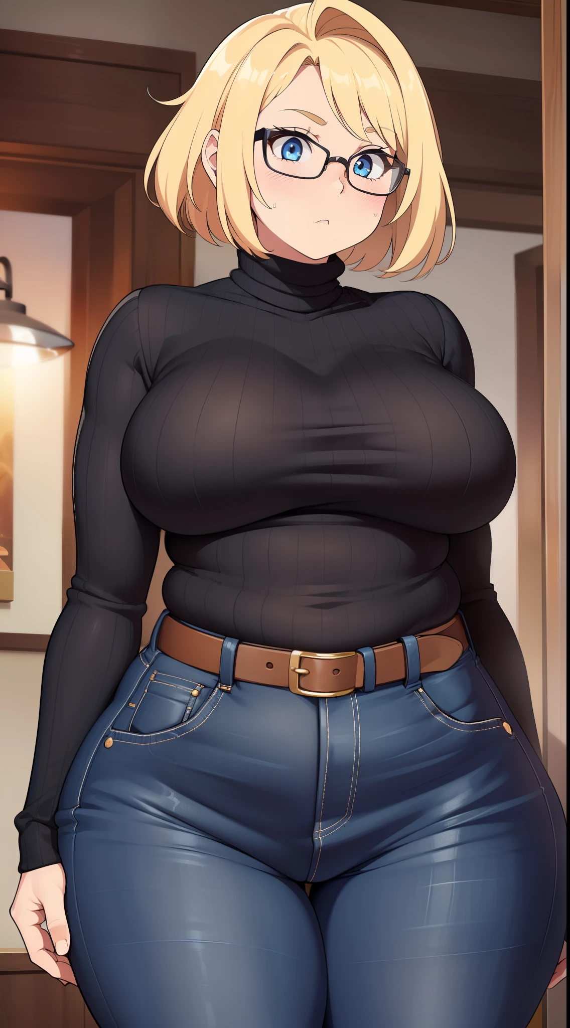 ((Masterpiece)), perfect anatomy, perfect shading, field of depth, (best quality), extremely delicate and beautiful, perfect lighting, detailed face, ultra cute face, cute, (cowboy shot 1.2), full body, (((1girl))), ((solo)), looking at viewer,
short hair, fluffy hair, blonde hair, blue eyes, Glasses, ((blush)), shy, nervous, (black turtleneck sweater 1.5), (jeans 1.2), belt, extremely tight clothes, medium breasts, ((wide hips)), (((thick thighs))), ((chubby)), chubby belly, fat folds, belly hang,
cafe, intricate background, detailed background, hand on hip,