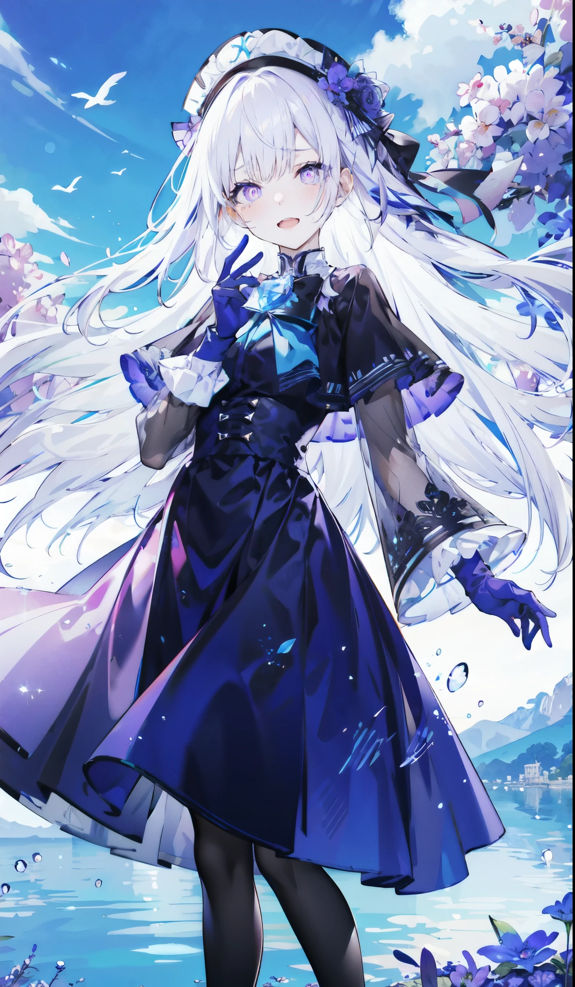 （（masterpiece：1.4，best quality）），（Super detailed），（Extremely detailed eyes），（Black leggings，Shiny socks：1.5），Hello Darkness
（Cute girls），15 years old，（Blood-red pupils，Diamond-shaped pupil：1.15），Purple Eyeshadow，（Elongated hair，Thick hair，shiny hair：1.5）（Variza：1.2），Fair skin，despair，Grief，Empty eyes，Tears streaming down my face，tilt head to one side，Kneel down
（She wears blue armor，A blue dress，：1.5），（blue gloves：1.4）Very long plush sleeves，White，White Cloud，Dream bubbles ，Ice and glitter effects
（Black long skirt：1.1），
（dawn：1.2），
（Intense black and white：1.16），（Depth of Field：1.4），，Intricate details，(Sky Castle，Standing on the lake，Purple flowers by the lake)