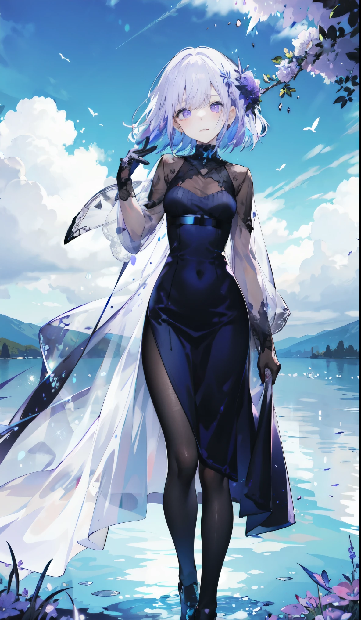 ((masterpiece:1.4,best quality)),(Super detailed),(Extremely detailed eyes),(Black leggings,Shiny socks:1.5),Hello Darkness
(Cute girls),15 years old,(Blood-red pupils,Diamond-shaped pupil:1.15),Purple Eyeshadow,(Elongated hair,Thick hair,shiny hair:1.5)(Variza:1.2),Fair skin,despair,Grief,Empty eyes,Tears streaming down my face,tilt head to one side,Kneel down
(She wears blue armor,A blue dress,:1.5),(blue gloves:1.4)Very long plush sleeves,White,White Cloud,Dream bubbles ,Ice and glitter effects
(Black long skirt:1.1),
(dawn:1.2),
(Intense black and white:1.16),(Depth of Field:1.4),,Intricate details,(Sky Castle,Standing on the lake,Purple flowers by the lake)