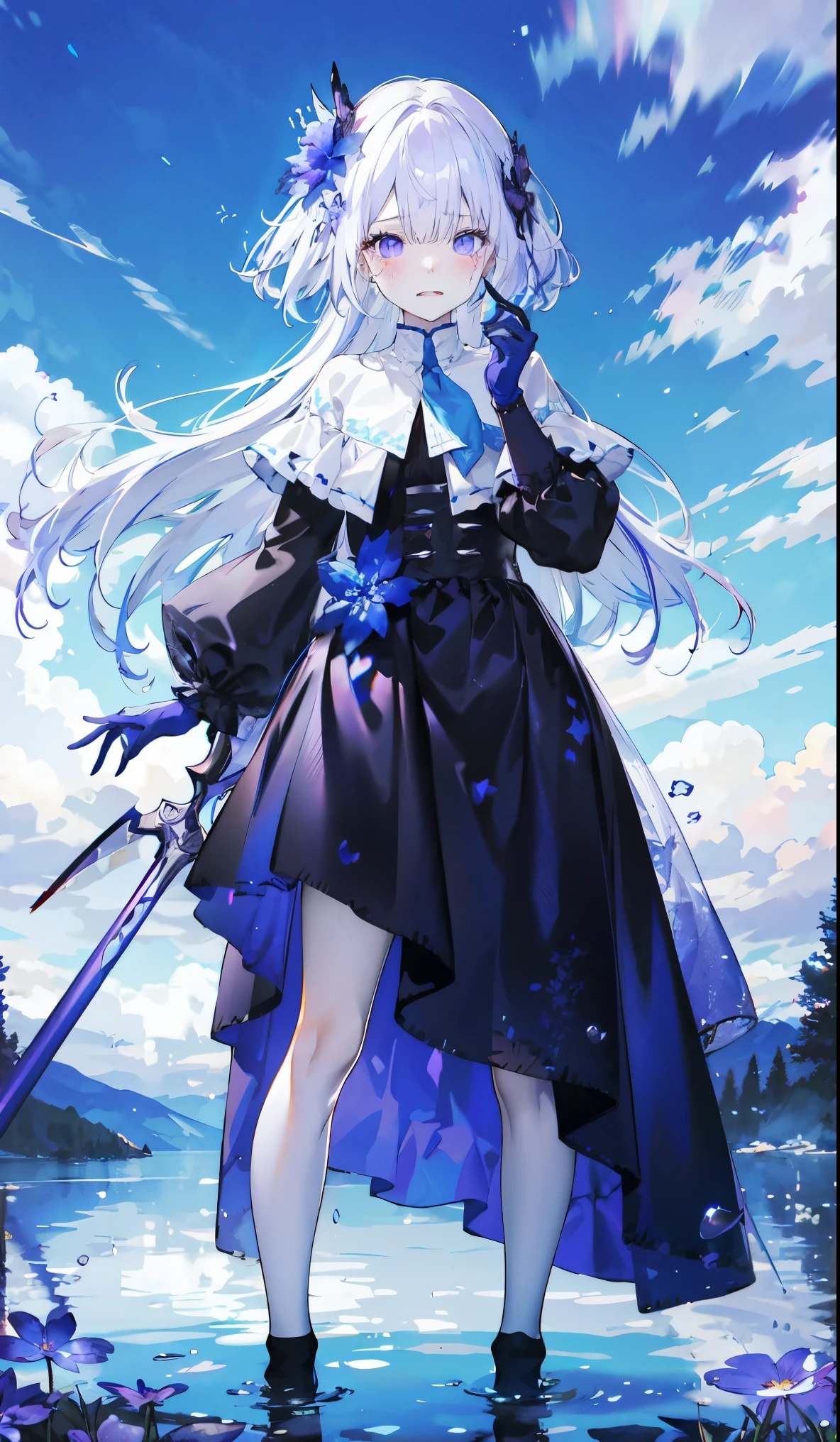 ((masterpiece:1.4,best quality)),(Super detailed),(Extremely detailed eyes),(Black leggings,Shiny socks:1.5),Hello Darkness
(Cute girls),,(Blood-red pupils,Diamond-shaped pupil:1.15),Purple Eyeshadow,(Elongated hair,Thick hair,shiny hair:1.5)(Variza:1.2),Fair skin,despair,Grief,Empty eyes,Tears streaming down my face,tilt head to one side,Kneel down
(She wears blue armor,A blue dress,:1.5),(blue gloves:1.4)Very long plush sleeves,White,White Cloud,Dream bubbles ,Ice and glitter effects
(Black long skirt:1.1),
(dawn:1.2),
(Intense black and white:1.16),(Depth of Field:1.4),,Intricate details,(Sky Castle,Standing on the lake,Purple flowers by the lake)