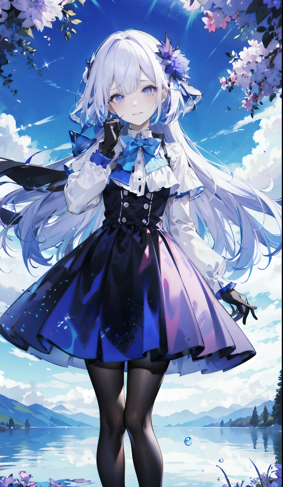 ((masterpiece:1.4,best quality)),(Super detailed),(Extremely detailed eyes),(Black leggings,Shiny socks:1.5),Hello Darkness
(Cute girls),15 years old,(Blood-red pupils,Diamond-shaped pupil:1.15),Purple Eyeshadow,(Elongated hair,Thick hair,shiny hair:1.5)(Variza:1.2),Fair skin,despair,Grief,Empty eyes,Tears streaming down my face,tilt head to one side,Kneel down
(She wears blue armor,A blue dress,:1.5),(blue gloves:1.4)Very long plush sleeves,White,White Cloud,Dream bubbles ,Ice and glitter effects
(Black long skirt:1.1),
(dawn:1.2),
(Intense black and white:1.16),(Depth of Field:1.4),,Intricate details,(Sky Castle,Standing on the lake,Purple flowers by the lake)