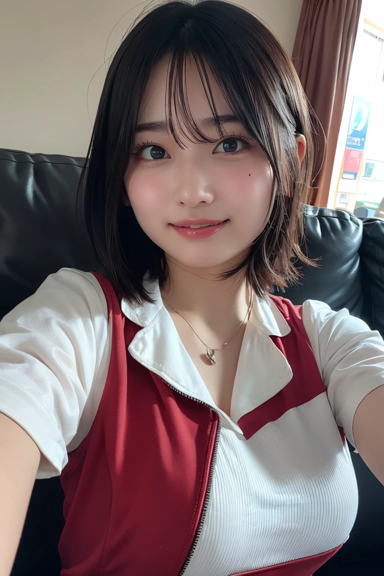 (8k, RAW Photos,highest quality, High resolution:1.1), (Ultra-realistic:1.4),(Realistic, Realistic:1.3),The Beauty of Japan、Rhythmic gymnastics club、Rhythmic Gymnastics Uniform、((Upper Body:1.3))A high-resolution, photo-realistic image of a Japanese woman with short hair, wearing a slightly revealing outfit. She has large breasts and blushing cheeks. She is holding a smartphone in her right hand, looking at it with a smile, while taking a selfie. Her smartphone and face are slightly apart. She appears to be live streaming from inside her home, sitting on a sofa.