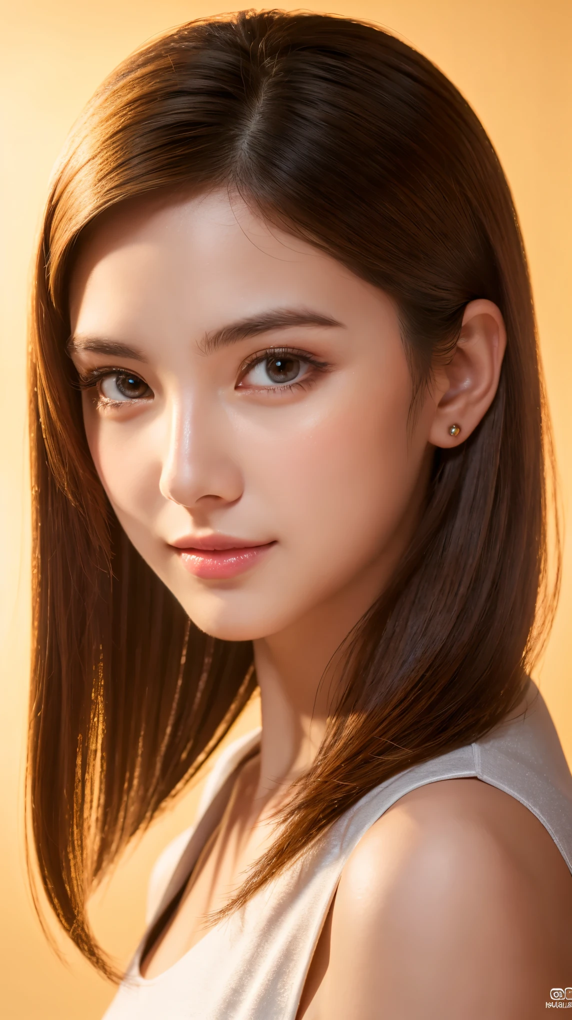 a beautiful young woman with shiny skin, wearing a , shoulder-length hair, cute and adorable face, looking directly at the camera, (best quality,4k,8k,highres,masterpiece:1.2),ultra-detailed,(realistic,photorealistic,photo-realistic:1.37),beautiful detailed eyes, beautiful detailed lips, extremely detailed eyes and face, long eyelashes, portrait, cute, kawaii, high quality, studio lighting, sharp focus, physically-based rendering, vivid colors, warm tones