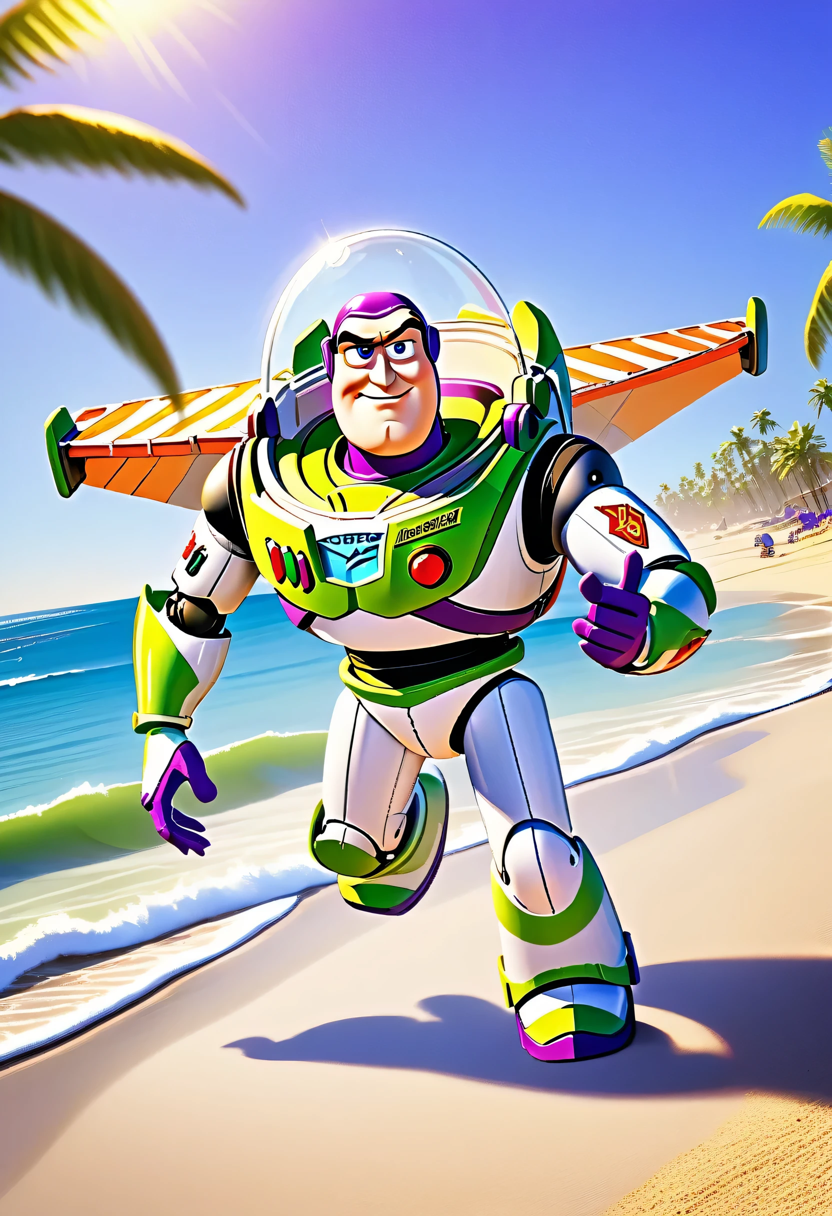 a picture of Pixar's Buzz Lightyear (masterpiece, best detailed, best quality: 1.4), lying in the beach (masterpiece, best detailed, best quality: 1.4), he rests under a palm tree, he wears purple swimsuit, he has sunglasses on, the sea is calm, sandy beach at high noon background, it a sunny day, dynamic range, ultra wide shot, photorealism, depth of field, hyper realistic, 