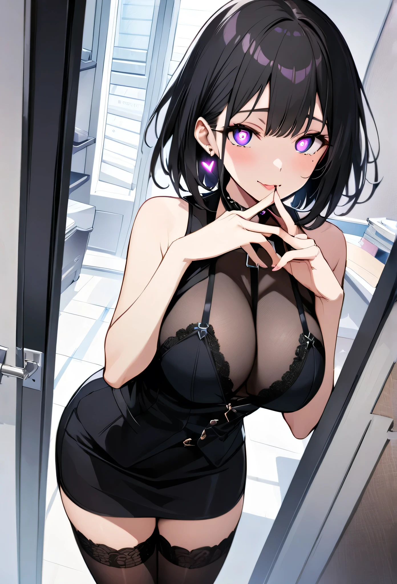 {lady with shoulder-length black hair named Rico}, business suits,tall,''short hair,lovestruck,grossy lips, (It feels like saying Hello, daytime hours), indoor,{going out style}, ((Heart-shaped choker) ), (office room), Bright background,purple eyes, Mole under the eye, Heart-shaped choker, ((Masterpiece)), Highly detailed CG Unity 8k wallpaper), Top quality,, Detailed background, beautifully detailed eyes, heart shaped pupils,hollow eyes, looking at viewer,(very delicate and beautiful)), ((beautiful) eyes (detailed description),extra large breasts, browse,shirts,black vest,floating heart,sadistic smile,growing eyes,try to show me breasts and lingerie,black lace,shirts,earring,from above,tight skirt,thighhigh,put hands on mouth,glowing eyes,embrassing,