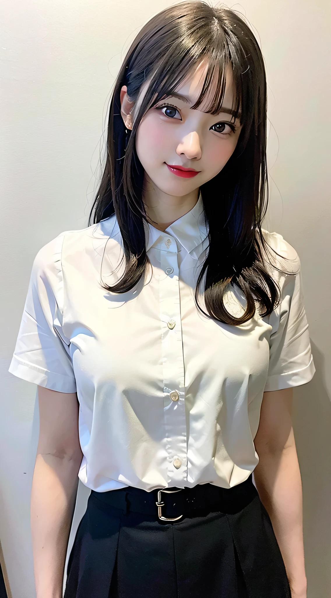 ((masterpiece, highest quality)), (One girl), (alone), (Focus on women), (Ahoge, Gray Hair, Very long hair), Golden Eyes, A light smile, Open your mouth, ((White shirt), (Buttoned shirt), (Button gap)), ((Black Skirt), (Short skirt)), Are standing, White Background, Put your arms behind your back, Dynamic Angle,
