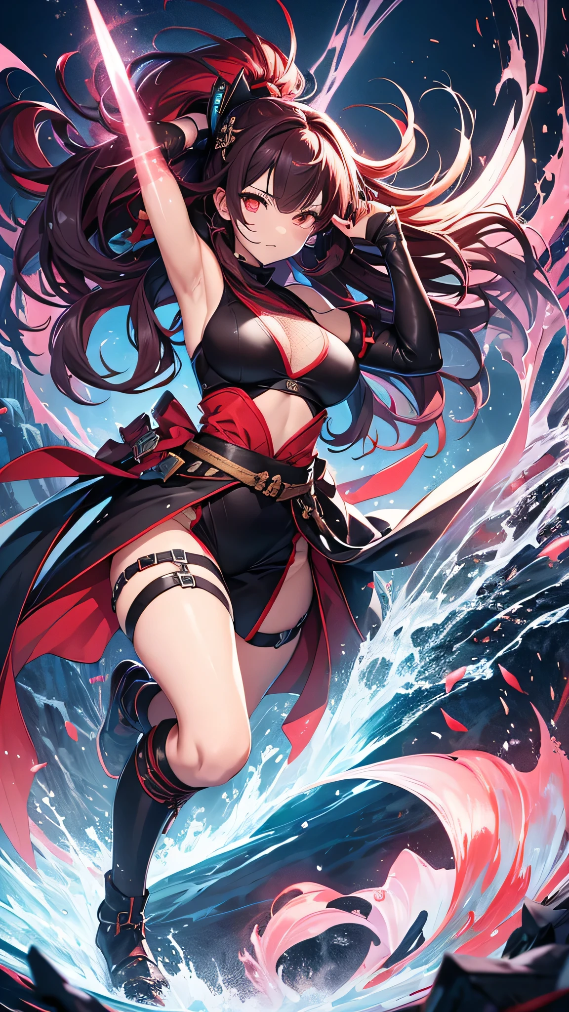 Highest quality、Highest quality、Masterpiece、girl((Age 25、as soon as、Highest Bust、Medium Bust、Wide open chest、Red glowing eyes、Black Ear、Red Mesh、Disheveled Hair、Loincloth、thin、The best valley、Open chest、Luminous Wristbands、hair ornaments、Full body view、Tank top、Black Shirt、Black trousers、scar、Full body scar、Fighting Pose,Japanese sword、A little muscular、Watery eye、Tears))、high quality、Beautiful Art、background((night、Ninja World,volcano))、flight、Flying Debris、Depth of text、movie、Visual Arts、Perfect Art、8K、Genuine、