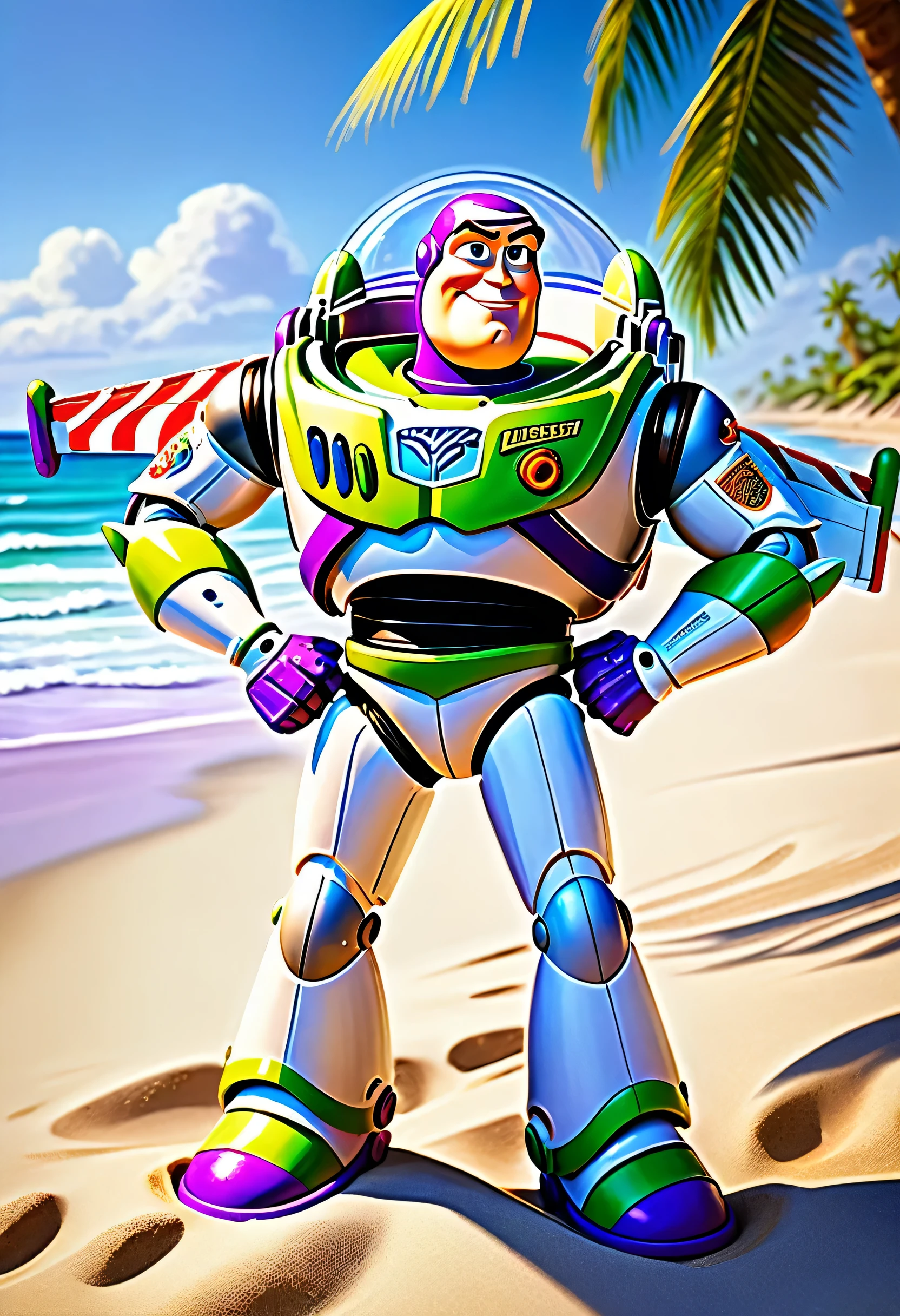 a picture of Buzz Lightyear (masterpiece, best detailed, best quality: 1.4), lying in the beach (masterpiece, best detailed, best quality: 1.4), he rests under a palm tree, he wears purple swimsuit, he has sunglasses on, the sea is calm, sandy beach at high noon background, it a sunny day, dynamic range, ultra wide shot, photorealism, depth of field, hyper realistic,