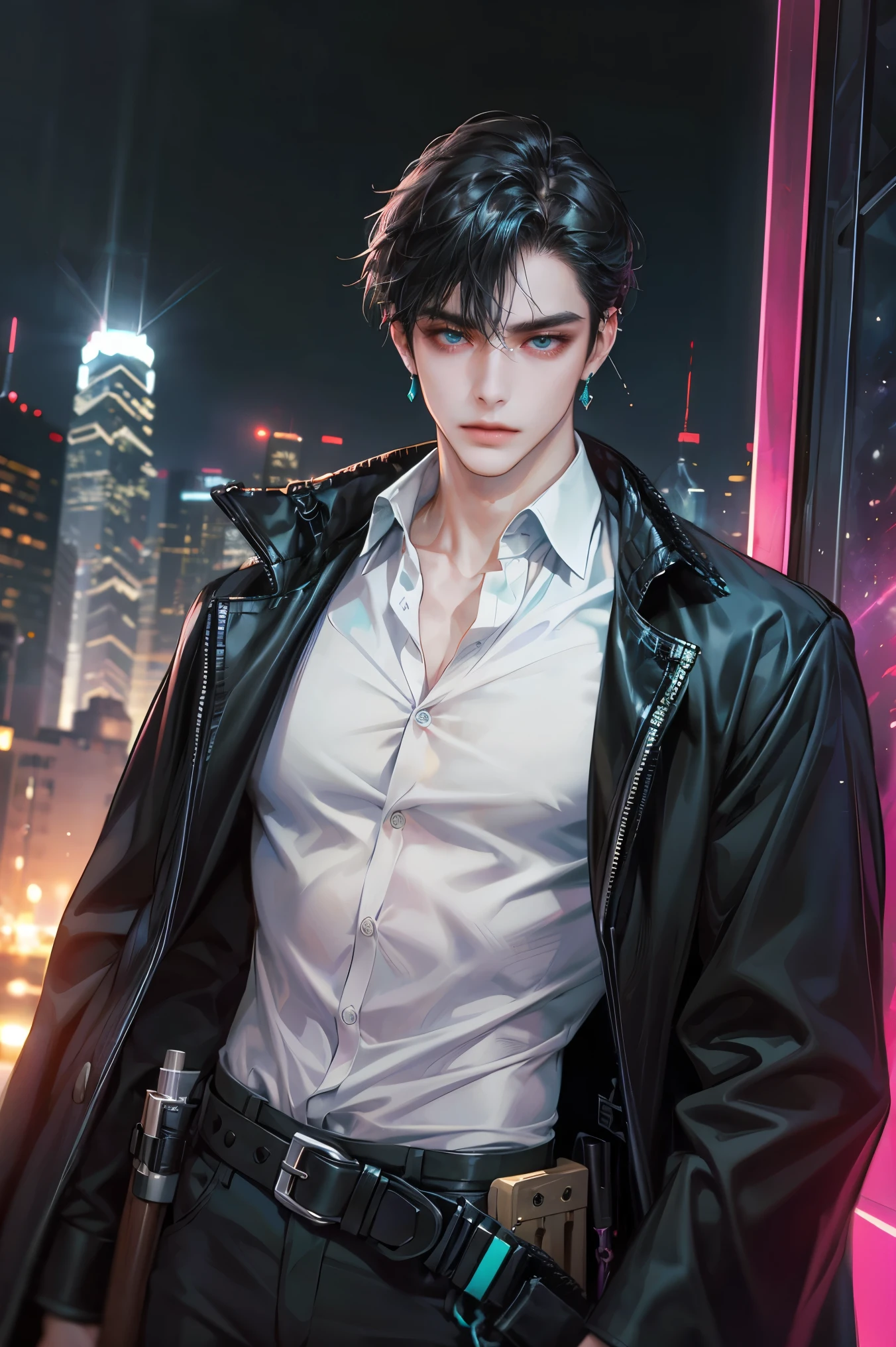 (absurdres, highres, ultra detailed, original character), 1 russian boy, solo, adult, handsome, ((tall muscular guy, broad shoulders)), finely detailed eyes, (black hair), hair between eyes, turquoise eyes, holographic, futuristic, casual outfit, black coat, gun holster, tight white shirt, big pecs, ((wearing a black earring)), cowboy shot, dutch angle, face focused, tower walled city scenery, dystopian hong kong city, skyscrapers, Cyan, Magenta, long face, closed mouth, looking at viewer, depth of field, bokeh