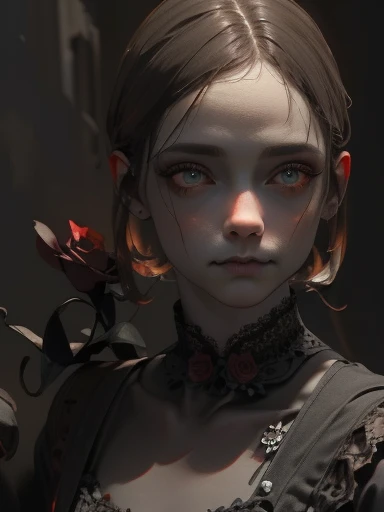 a gothic clown girl, detailed face, beautiful eyes, long eyelashes, pale skin, dark makeup, black and red dress, puffed sleeves, ruffles, lace, holding a black rose, eerie, unsettling, moody lighting, dark cinematic atmosphere, muted color palette, (best quality,4k,8k,highres,masterpiece:1.2),ultra-detailed,(realistic,photorealistic,photo-realistic:1.37)