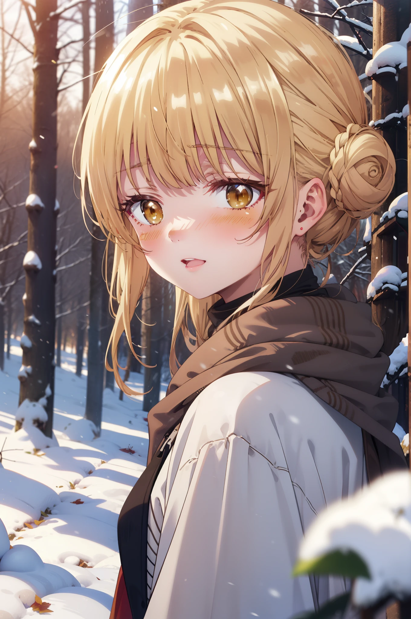 This is Mahirshina, Mahiru shiina, blonde, (Brown eyes:1.7), Long Hair, happy smile, smile, Open your mouth,Hair Bun, single Hair Bun,blush,White Breath,
Open your mouth,snow,Ground bonfire, Outdoor, boots, snowing, From the side, wood, suitcase, Cape, Blurred, Increase your meals, forest, White handbag, nature, Squat, Mouth closed, フードed Cape, winter, Written boundary depth, Black shoes, red Cape break looking at viewer, Upper Body, whole body, break Outdoor, forest, nature, break (masterpiece:1.2), highest quality, High resolution, unity 8k wallpaper, (shape:0.8), (Beautiful and beautiful eyes:1.6), Highly detailed face, Perfect lighting, Highly detailed CG, (Perfect hands, Perfect Anatomy),