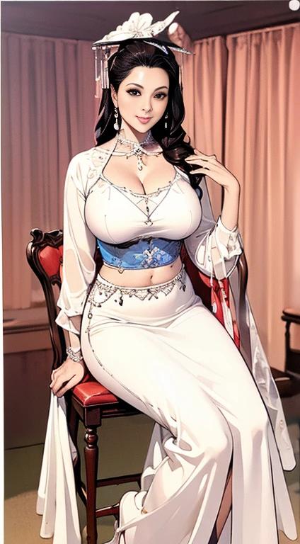 ((midnight, need, 8K, masterpiece:1.3)), Full body female, Height 1.7 meters，Leg length, focus:1.2, Beautiful woman，Have a perfect body:1.4, Slim abs:1.1, ((Dark brown hair, :1.2 ))(((Large Breasts、Sagging breasts、Low-cut，Cleavage, Wide hips,)))((Long legs)),Hourglass figure)),, (Female teacher，Translucent Deep V White Shirt，mini skirt，High heels 1.2), (sit on the chair，‎Classroom:1.3)), Highly detailed face and skin texture, Exquisite eyes, Double eyelids，Large Breasts，Fair skin tone。