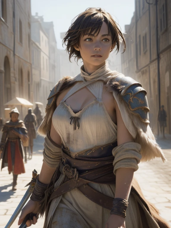 a woman warrior striding away with a tattered cloak, sword fighter attire, slender body, medium bust size, plunging neckline, earth-toned clothing, medieval European old town setting, dusty atmosphere, top-down camera angle, celebrating the triumphant return of a hero, (best quality,4k,8k,highres,masterpiece:1.2),ultra-detailed,(realistic,photorealistic,photo-realistic:1.37),digital painting, highly detailed, cinematic lighting, warm color tones, dramatic scene