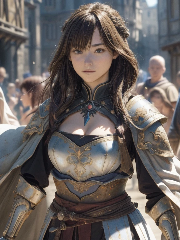 woman warrior striding away with a tattered cloak, long flowing hair, swordsman attire, light armor, slender build, medium bust, cleavage, earth-toned clothing, medieval European town, swirling dust, high angle shot, triumphant crowd, best quality, 4k, 8k, highres, masterpiece:1.2, ultra-detailed, realistic, photorealistic, photo-realistic:1.37, HDR, UHD, studio lighting, ultra-fine painting, sharp focus, physically-based rendering, extreme detail description, professional, vivid colors, bokeh, fantasy, concept art