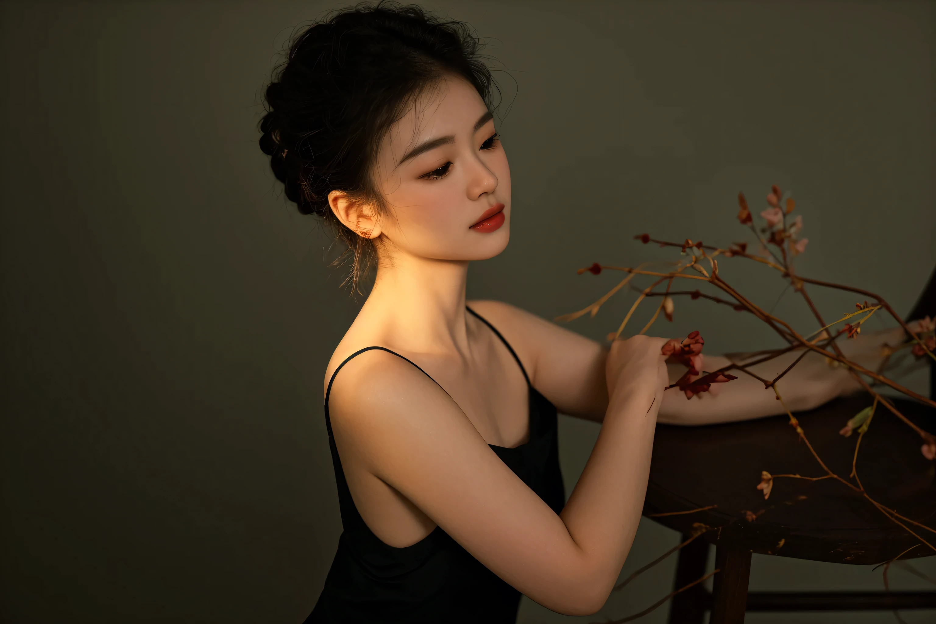 there is a woman that is holding a bunch of flowers, portrait image, soft light from the side, portrait soft light, inspired by Tang Yifen, captured on canon eos r 6, medium portrait soft light, shot on canon eos r5, shot on canon eos r 5, shot with canon eoa 6 d mark ii, classic portrait, mai anh tran