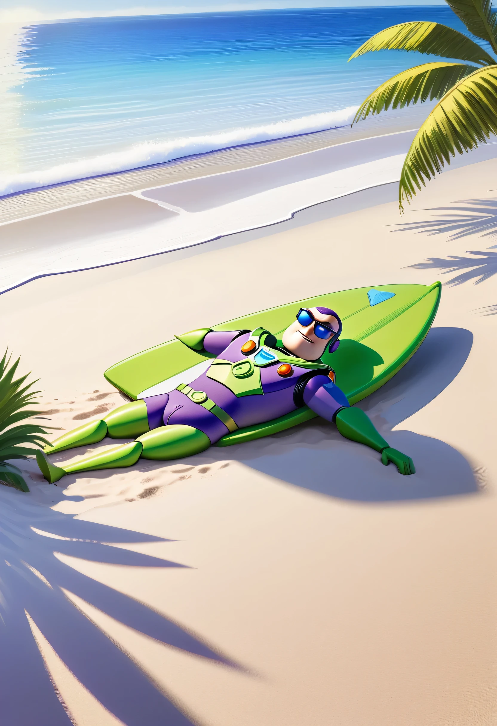 a picture of Pixar's Buzz Lightyear (masterpiece, best detailed, best quality: 1.4), lying in the beach (masterpiece, best detailed, best quality: 1.4), he rests under a palm tree, he wears (purple swimsuit: 1.1), he has (sunglasses: 1.1) on, the sea is calm, sandy beach at high noon background, it a sunny day, dynamic range, ultra wide shot, photorealism, depth of field, hyper realistic, 