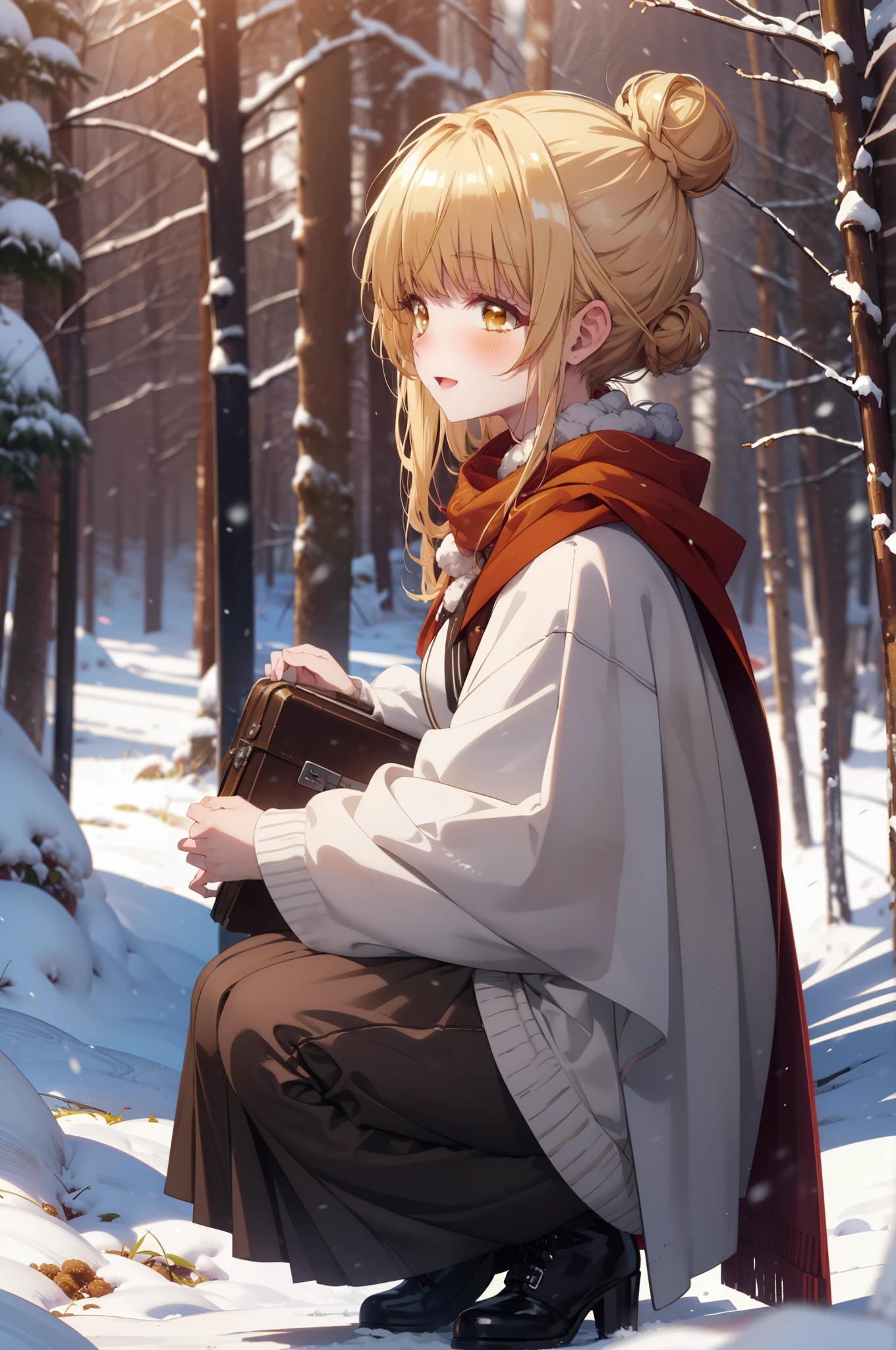 This is Mahirshina, Mahiru shiina, blonde, (Brown eyes:1.7), Long Hair, happy smile, smile, Open your mouth,Hair Bun, single Hair Bun,blush,White Breath,
Open your mouth,snow,Ground bonfire, Outdoor, boots, snowing, From the side, wood, suitcase, Cape, Blurred, Increase your meals, forest, White handbag, nature,  Squat, Mouth closed, フードed Cape, winter, Written boundary depth, Black shoes, red Cape break looking at viewer, Upper Body, whole body, break Outdoor, forest, nature, break (masterpiece:1.2), highest quality, High resolution, unity 8k wallpaper, (shape:0.8), (Beautiful and beautiful eyes:1.6), Highly detailed face, Perfect lighting, Highly detailed CG, (Perfect hands, Perfect Anatomy),