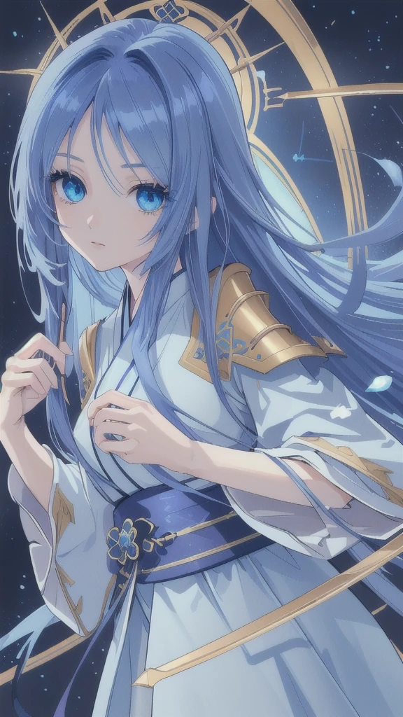 (best quality,4k,highres),detailed and realistic portrait,anime style,beautiful girl with long deep blue hair,gorgeous sapphire eyes,blue hanfu armor,dagger