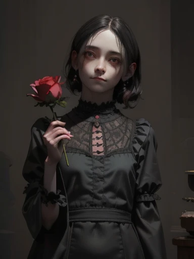 a gothic clown girl, detailed face, beautiful eyes, long eyelashes, pale skin, dark makeup, black and red dress, puffed sleeves, ruffles, lace, holding a black rose, eerie, unsettling, moody lighting, dark cinematic atmosphere, muted color palette, (best quality,4k,8k,highres,masterpiece:1.2),ultra-detailed,(realistic,photorealistic,photo-realistic:1.37),(fullbody)
