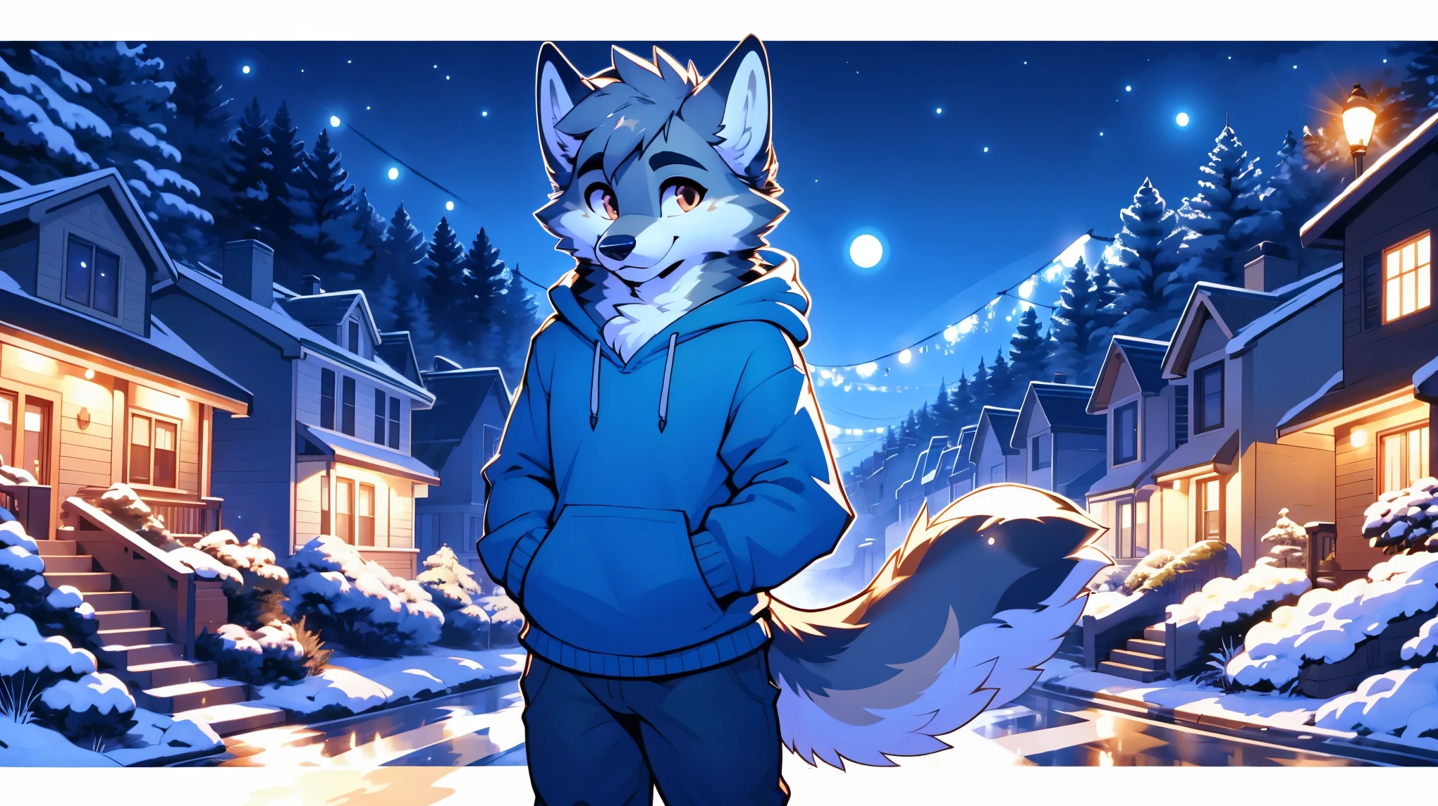 a full body, anthropomorphic brown wolf ??? wearing a blue hoodie, pants, wolf face, cute face, glossy fur, big fluffy neckfur, posing for a picture in a hill at night with a city in the distance