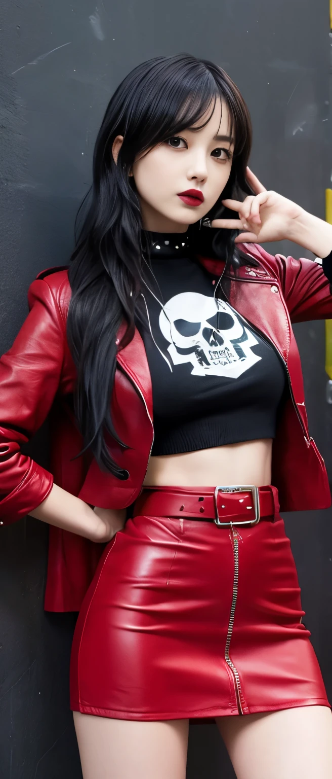 Punk idol girl、whole body、Good style、、、、、、、、Red leather tight mini skirt suit、、、、Skull Belt、Long Black Hair
