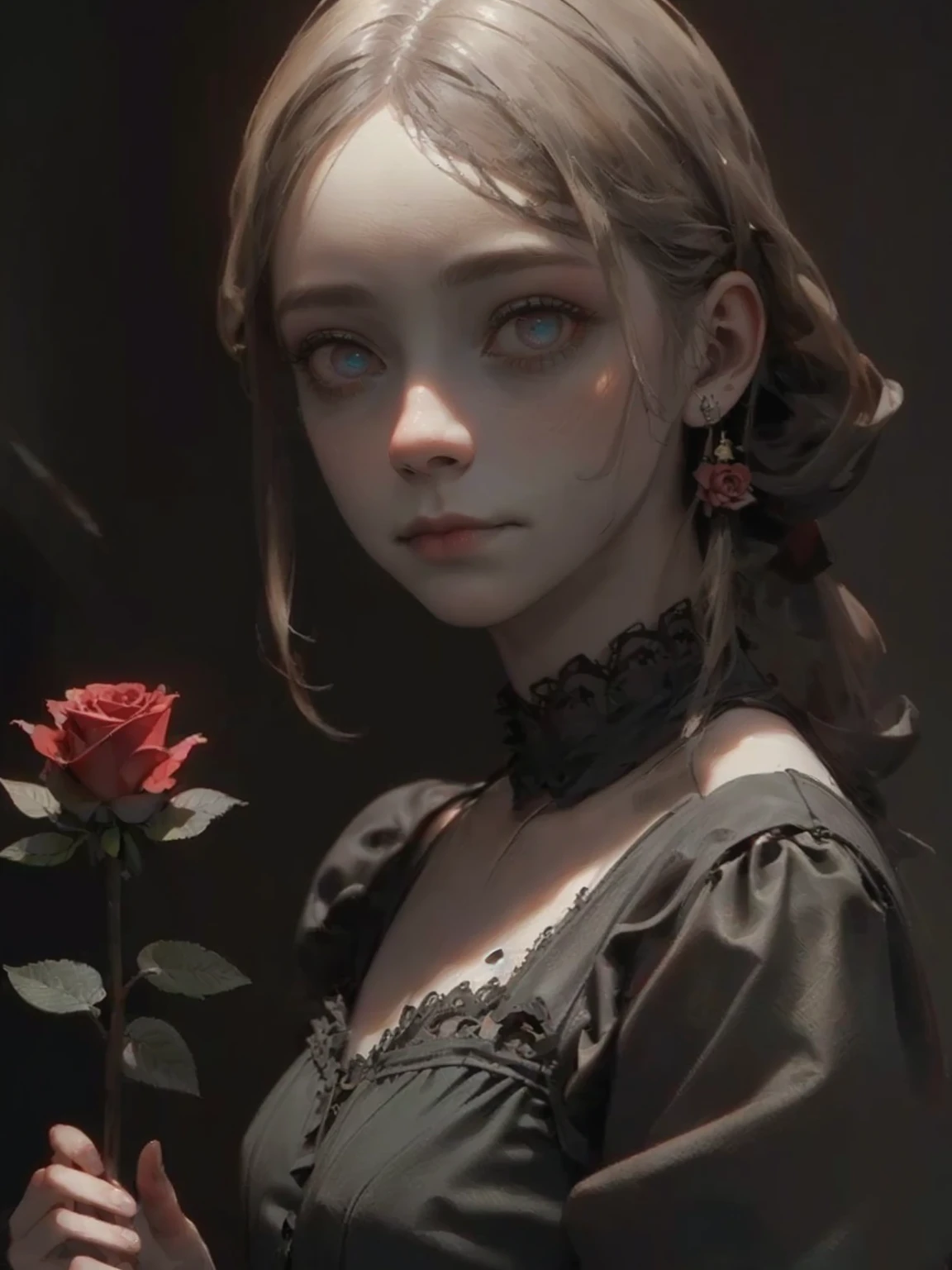 a gothic clown girl, detailed face, beautiful eyes, long eyelashes, pale skin, dark makeup, black and red dress, puffed sleeves, ruffles, lace, holding a black rose, eerie, unsettling, moody lighting, dark cinematic atmosphere, muted color palette, (best quality,4k,8k,highres,masterpiece:1.2),ultra-detailed,(realistic,photorealistic,photo-realistic:1.37),(fullbody)