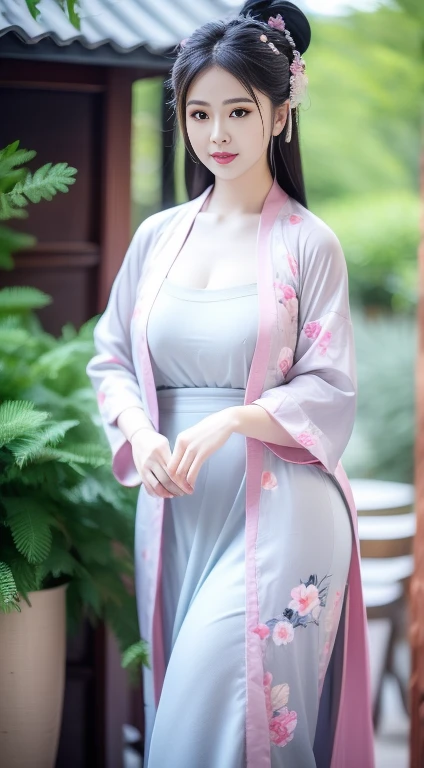 Chinese Clothing，White clothing，This dress has a pink floral pattern，Chinese Art Style，Fashion model 18 years old (((Large Breasts、Low-cut，Cleavage, Wide hips,)))((Long legs)),Hourglass figure))[[[[Features]]]], [[[[]]]], [[[[Cole]]]], [[[[bShoulder]]]], Perfect eyes, Perfect iris，Perfect lips，Perfect Teeth，Perfect skin，Fair skin，Soft headlight，HDR，girl，Long gray hair，Sad expression，Background is outdoor，light blue flowers，4K Ultra HD, Ultra-high resolution, (Reality: 1.4), best quality，masterpiece，Super dilution，（Pastel colors：1.2）