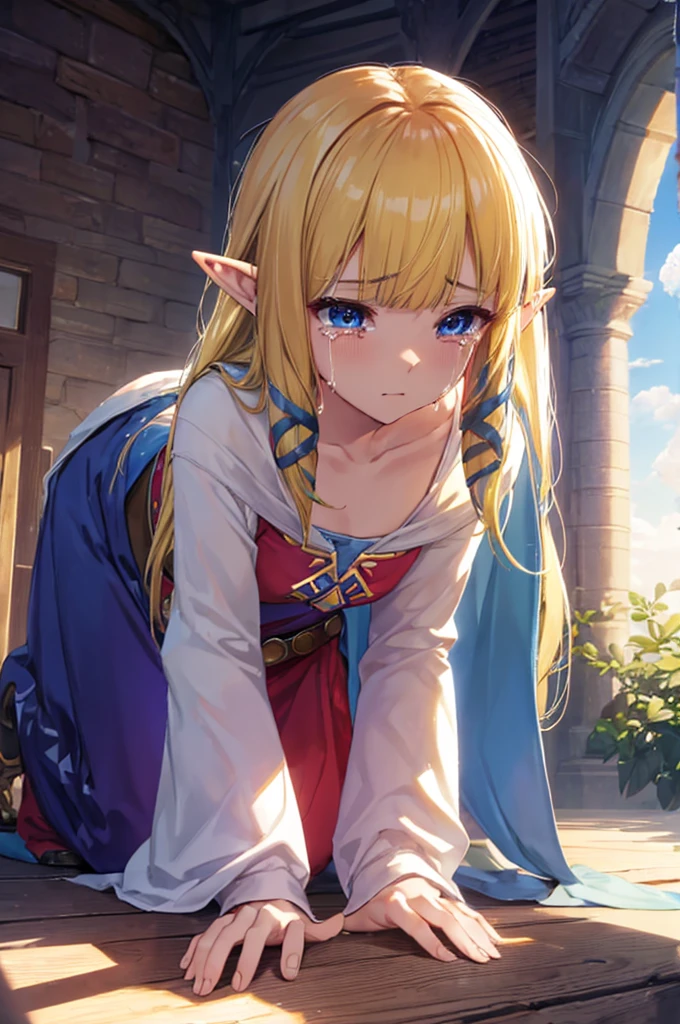 ((((On all fours)))),((High quality eyes))((((crying)))),((adult)),princesszelda, zelda skyward sword, blonde hair, blue eyes, long hair, pointy ears, sidelocks, elf, bangs, blunt bangs, ribbons, hair ribbons,
BREAK belt, cape, dress, long sleeves,
BREAK (masterpiece:1.2), best quality, high resolution, unity 8k wallpaper, (illustration:0.8), perfect lighting, extremely detailed CG, (perfect hands, perfect anatomy),