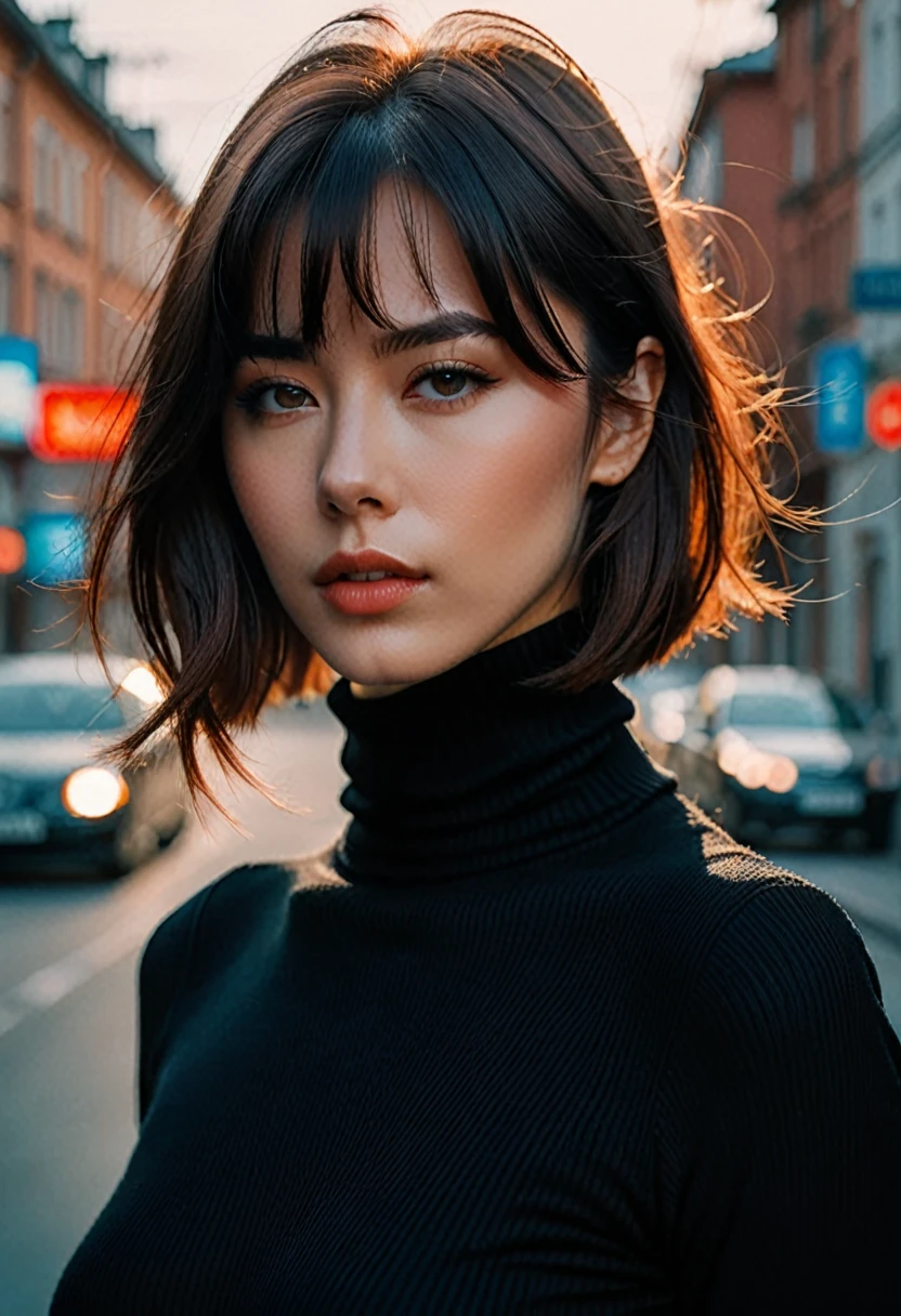 A stunning intricate full color portrait of (sks woman:1), wearing a black turtleneck, epic character composition, by ilya kuvshinov, alessio albi, nina masic, sharp focus, natural lighting, subsurface scattering, f2, 35mm, film grain, 