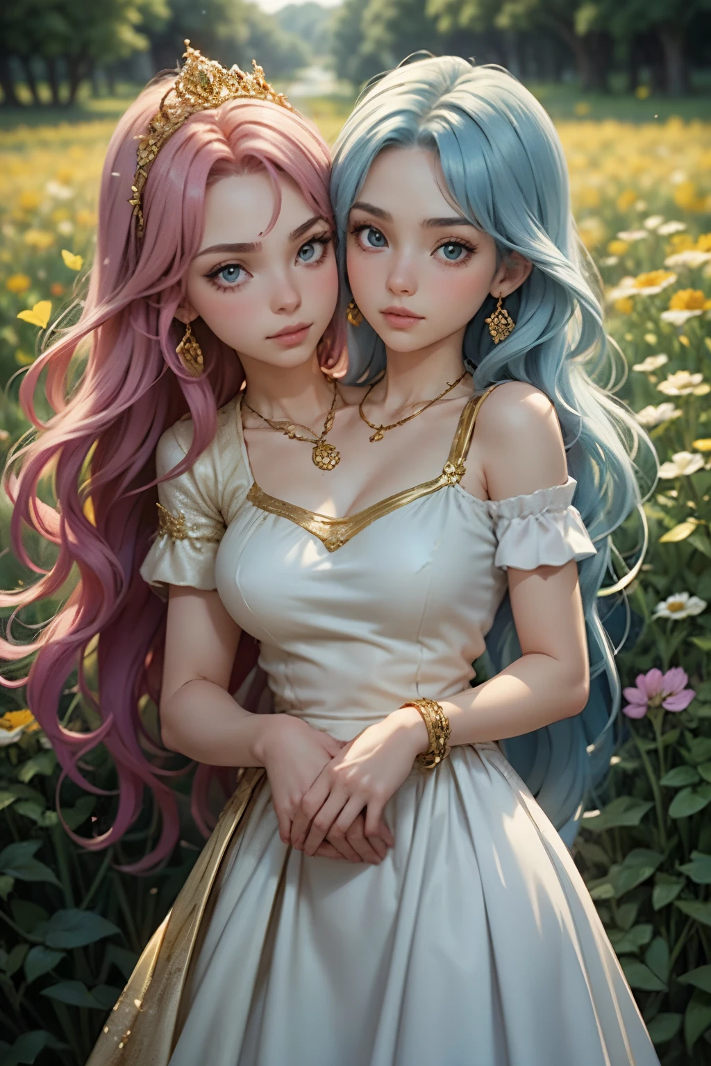 2girls, one with fuchsia hair, fuchsia eyes, narrowed eyes, long hair, straight hair, soft smile, gold tiara, gold earrings, gold necklace, gold accessories, greek style dress, white dress, one with light blue hair, white dress, blue eyes, wavy hair, sad eyes, greek style dress, blue dress, gold tiara, gold earrings, gold necklace, gold accessories, the background is a field of flowers, multiple butterflies fly around, (two heads)