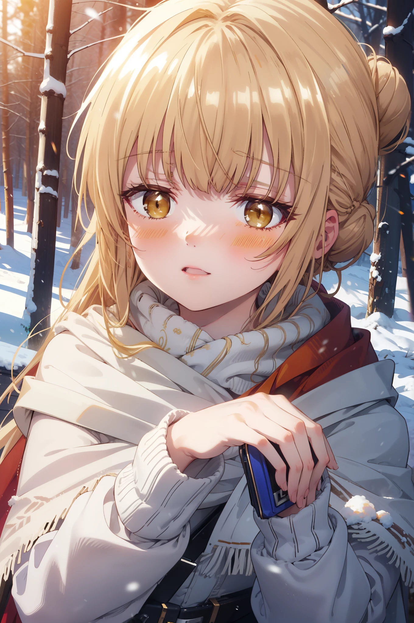 This is Mahirshina, Mahiru shiina, blonde, (Brown eyes:1.7), Long Hair, happy smile, smile, Open your mouth,Hair Bun, single Hair Bun,blush,White Breath,
Open your mouth,snow,Ground bonfire, Outdoor, boots, snowing, From the side, wood, suitcase, Cape, Blurred, Increase your meals, forest, White handbag, nature, Squat, Mouth closed, フードed Cape, winter, Written boundary depth, Black shoes, red Cape break looking at viewer, Upper Body, whole body, break Outdoor, forest, nature, break (masterpiece:1.2), highest quality, High resolution, unity 8k wallpaper, (shape:0.8), (Beautiful and beautiful eyes:1.6), Highly detailed face, Perfect lighting, Highly detailed CG, (Perfect hands, Perfect Anatomy),