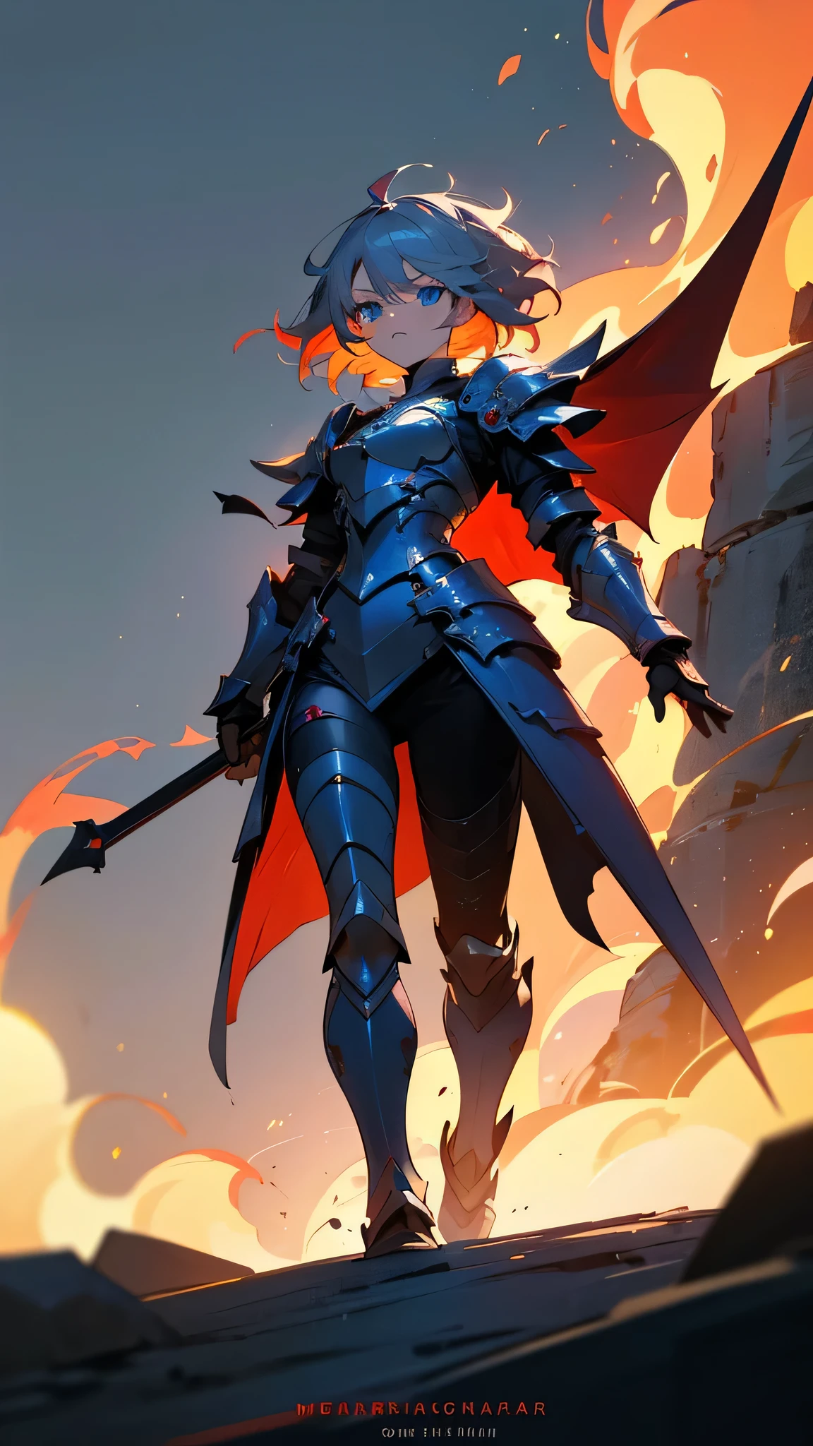 (masterpiece), (highest quality), (High Quality), (8k), girl, (whole body), Dragon Armor, Intricate details, Red glow, Silver short hair, Messy hair in the back, Detailed hair, Bright Blue Eyes, dominate performance, While she rules the world、Walking through more chaotic places, Fire Background, A dragon in the night sky, Boil the aura, (High quality lighting)