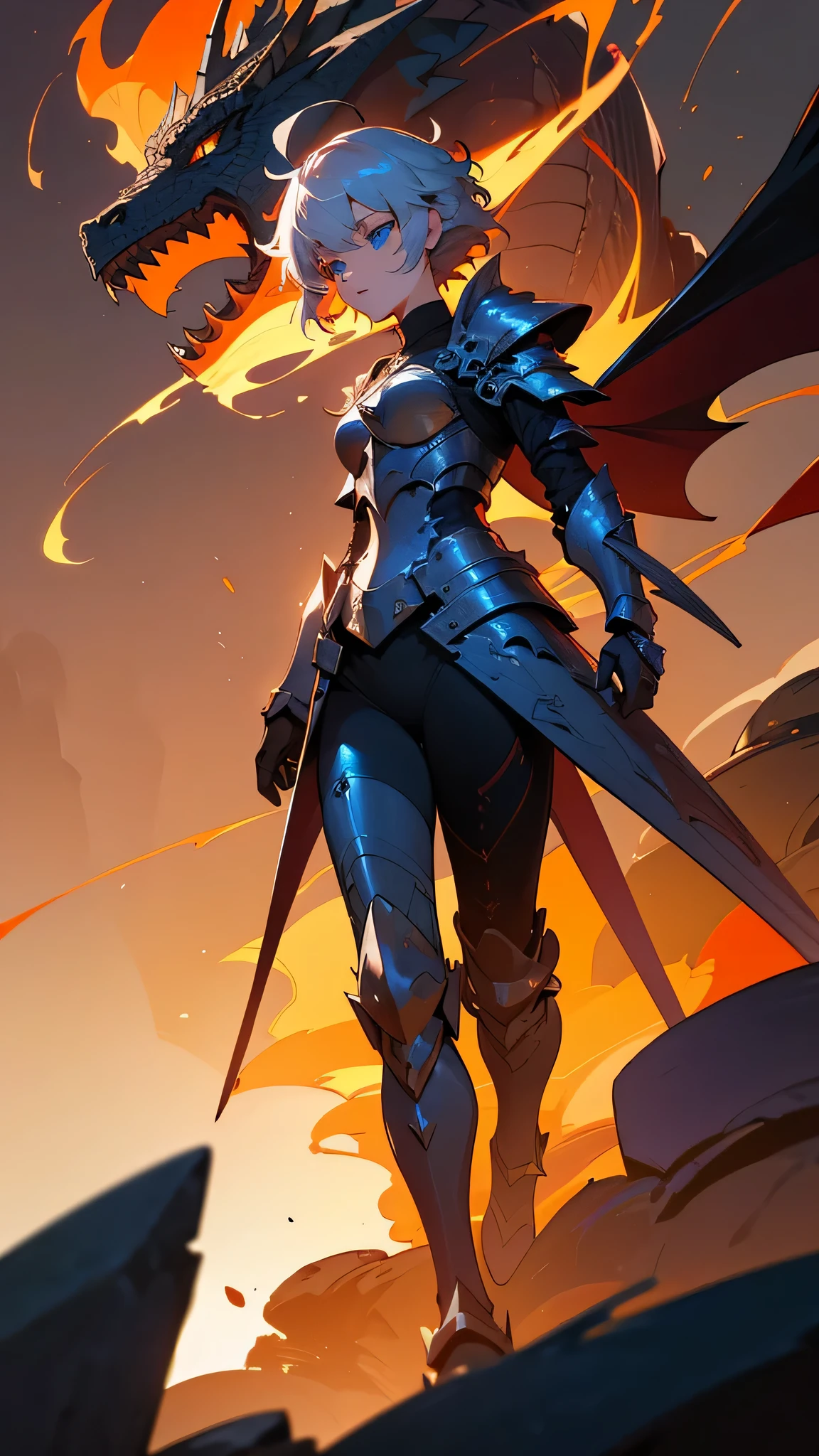 (masterpiece), (highest quality), (High Quality), (8k), girl, (whole body), Dragon Armor, Intricate details, Red glow, Silver short hair, Messy hair in the back, Detailed hair, Bright Blue Eyes, dominate performance,  While she rules the world、Walking through more chaotic places, Fire Background, A dragon in the night sky, Boil the aura, (High quality lighting)