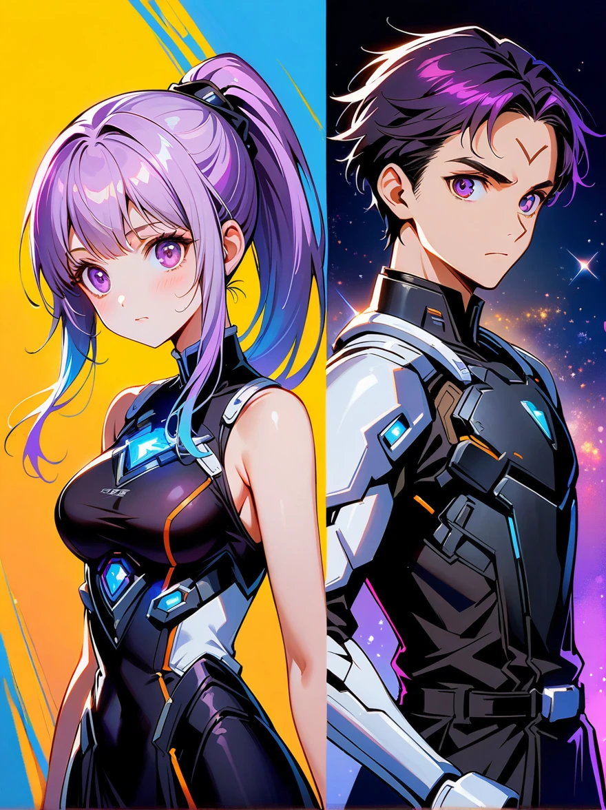 1yj1，1boy，(Boy and girl back to back)，1girl, (Purple and White Ombre Long Ponytail), (There is a tuft of dark purple hair on the forehead, Colorful hair), (Deep purple eyes)，White mecha suitBREAK Black mecha dress, The figure is located in the center，yinji，Magnificent space image scenes，Shine under the stars，White Space，Anatomically correct，Simple and elegant，Smooth line strokes，Bright colors，Ultra high saturation，Minimalism, anime, Ghibli-like colours, projected inset，Medium shot，Waist Shot(WS)