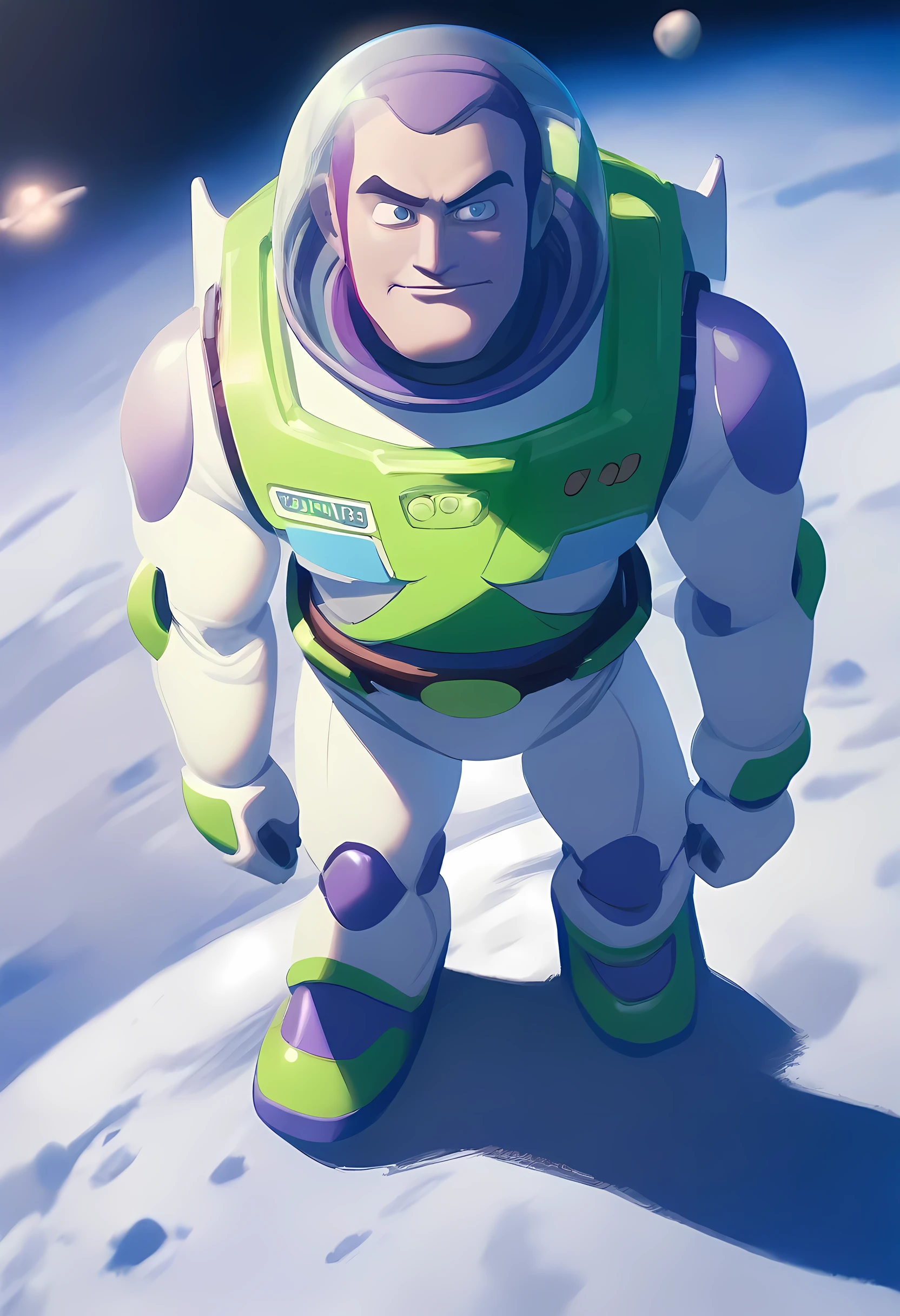 1boy, male focus, buzz lightyear, toy story, full body shot, large glass helmet, on the moon, masterpiece, best quality, very aesthetic, absurdres