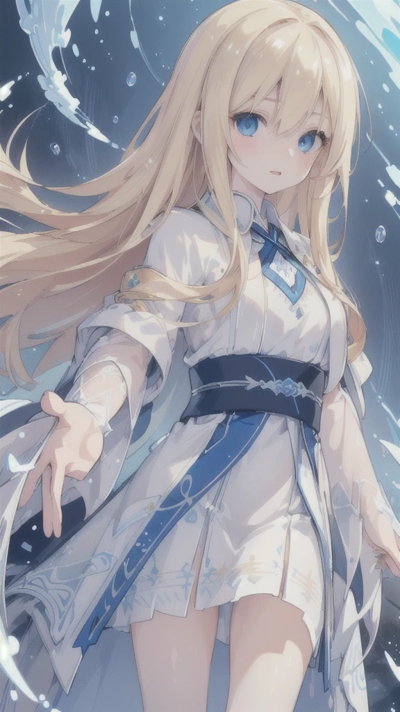 (best quality, ultra-detailed, realistic:1.37), (HDR, UHD), (studio lighting, sharp focus, professional), (portraits, anime),
A girl with blonde hair and blue eyes, detailed eyes, and pale skin, wearing a dark robe adorned with intricate patterns. Blue electric currents swirling around her body. A group of electric eels made of water flying around her.