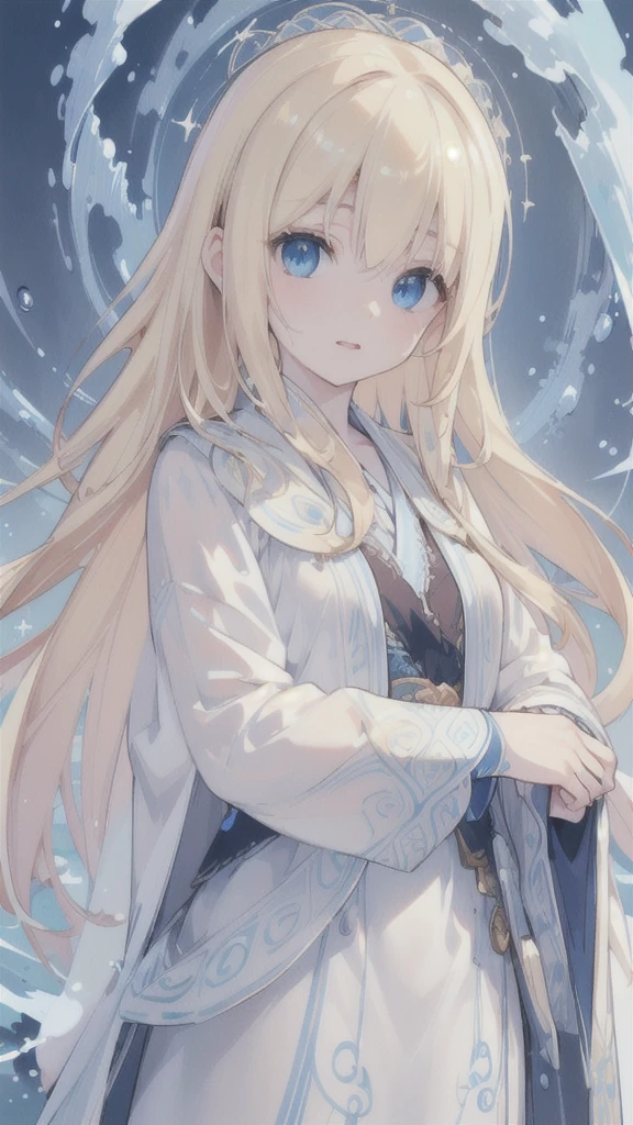 (best quality, ultra-detailed, realistic:1.37), (HDR, UHD), (studio lighting, sharp focus, professional), (portraits, anime),
A girl with blonde hair and blue eyes, detailed eyes, and pale skin, wearing a dark robe adorned with intricate patterns. Blue electric currents swirling around her body. A group of electric eels made of water flying around her.