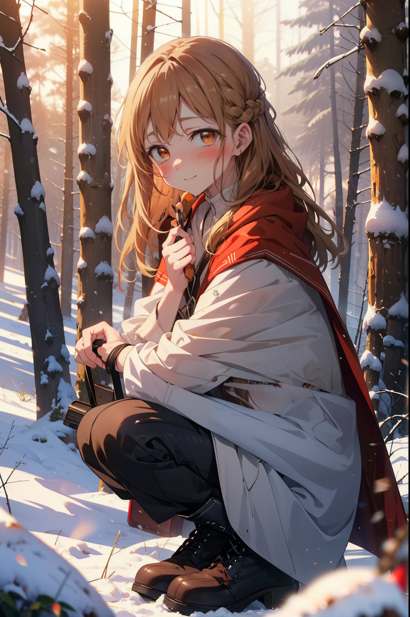 I am Ayuki of the Sun, Sun and Yuki, Long Hair, Brown Hair, (Brown eyes:1.8)Mid-chest,smile,blush,White Breath,
Open your mouth,snow,Ground bonfire, Outdoor, boots, snowing, From the side, wood, suitcase, Cape, Blurred, Increase your meals, forest, White handbag, nature, Squat, Mouth closed, フードed Cape, winter, Written boundary depth, Black shoes, red Cape break looking at viewer, Upper Body, whole body, break Outdoor, forest, nature, break (masterpiece:1.2), highest quality, High resolution, unity 8k wallpaper, (shape:0.8), (Beautiful and beautiful eyes:1.6), Highly detailed face, Perfect lighting, Extremely detailed CG, (Perfect hands, Perfect Anatomy),